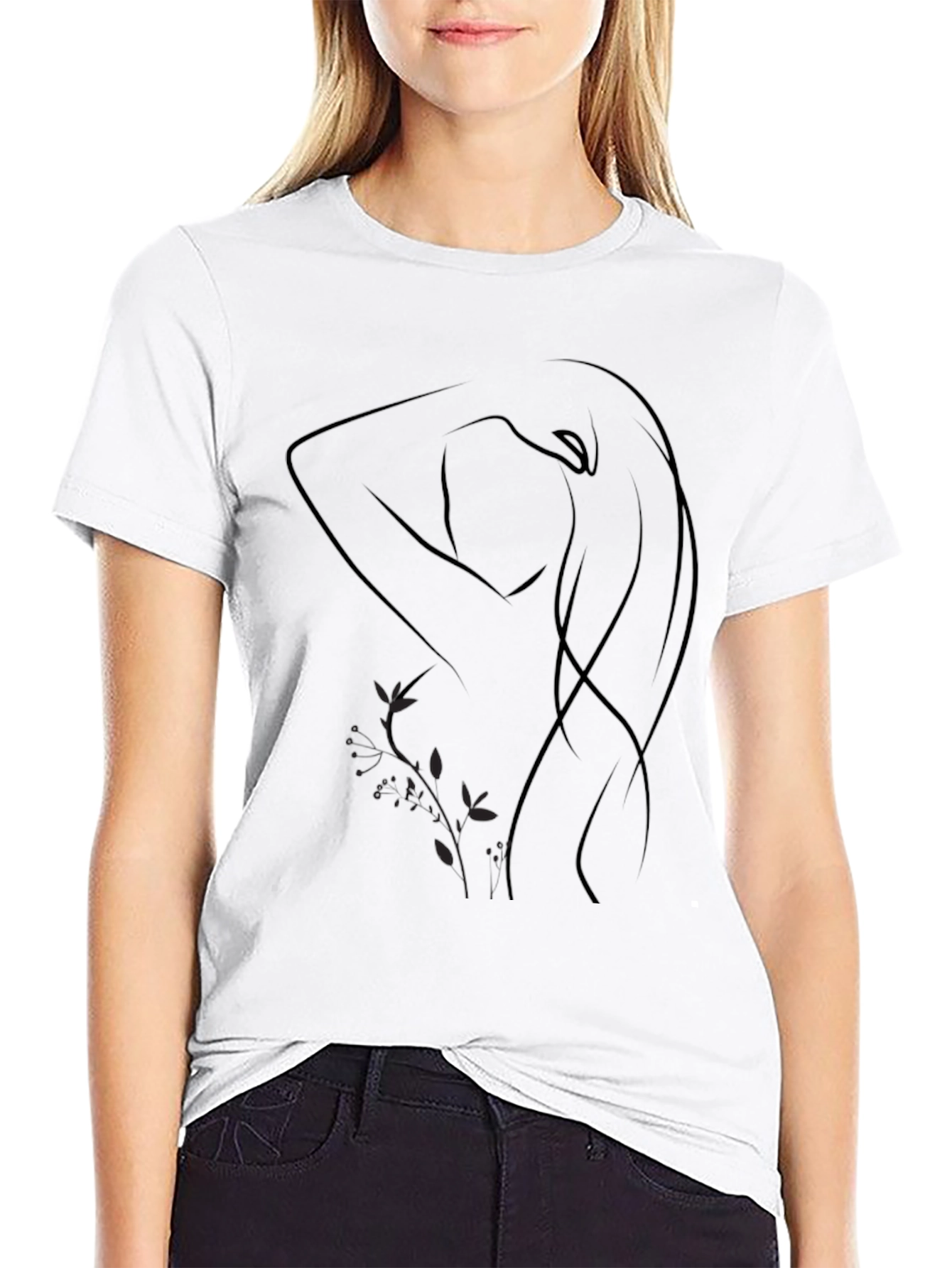 Minimalist Woman Line Art Black T-Shirt