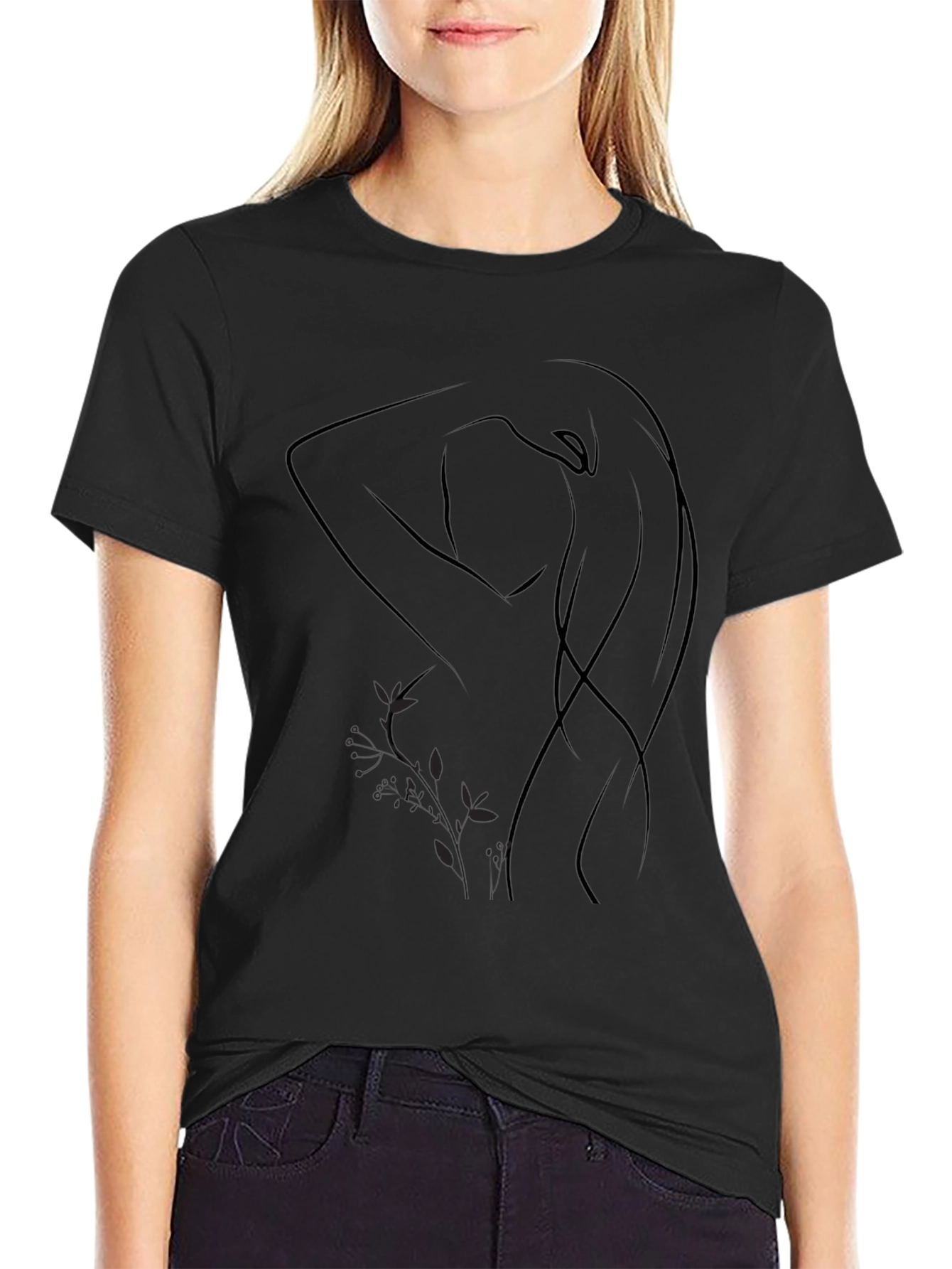 Minimalist Woman Line Art Black T-Shirt