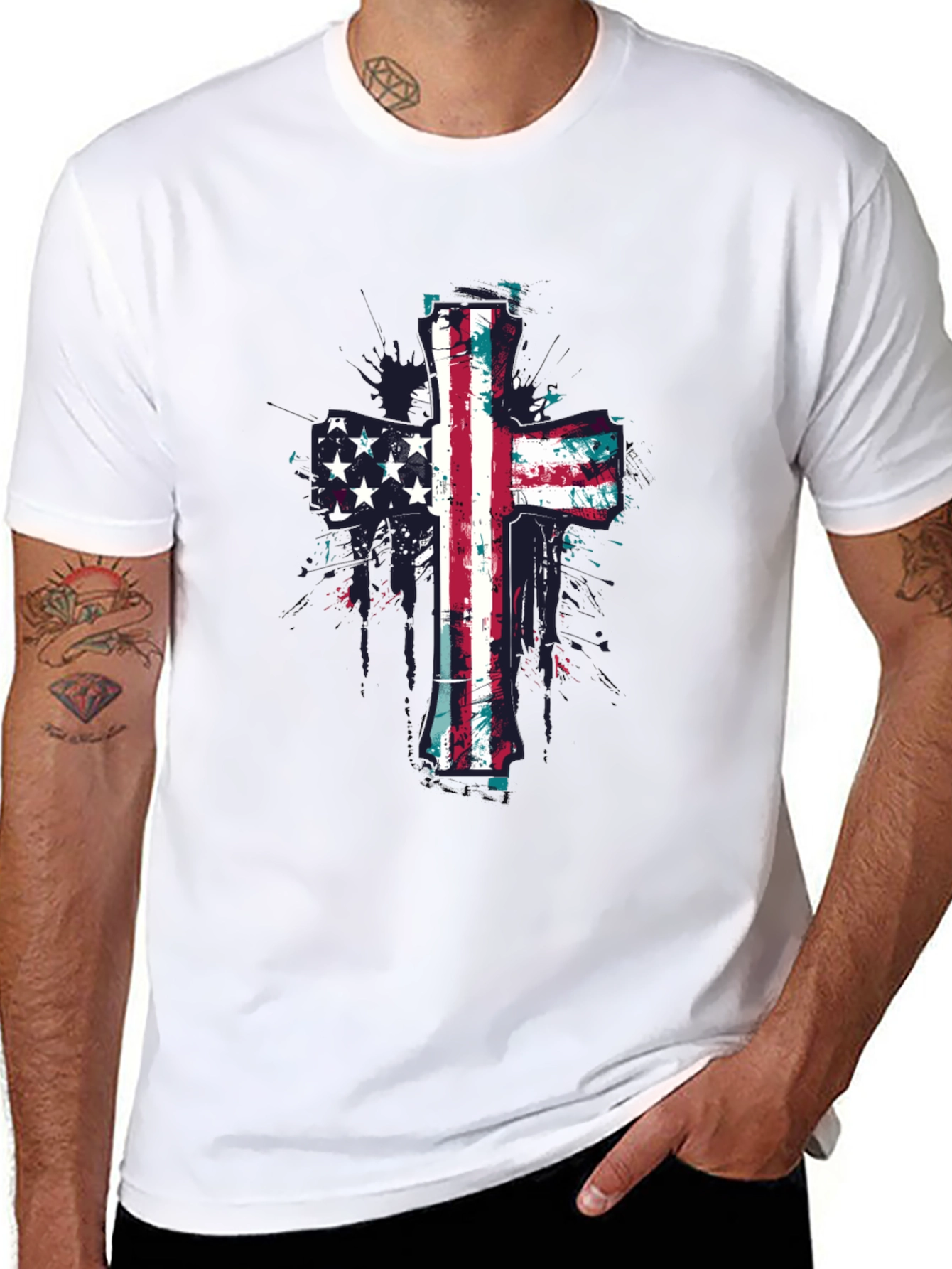 American Flag Cross Graphic Tee - Black