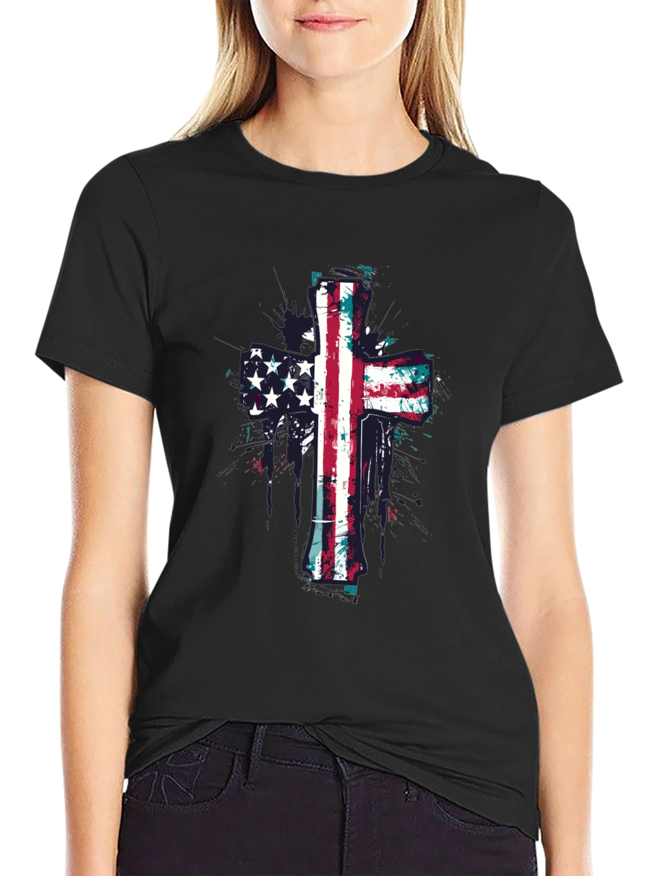 American Flag Cross Graphic Tee - Black