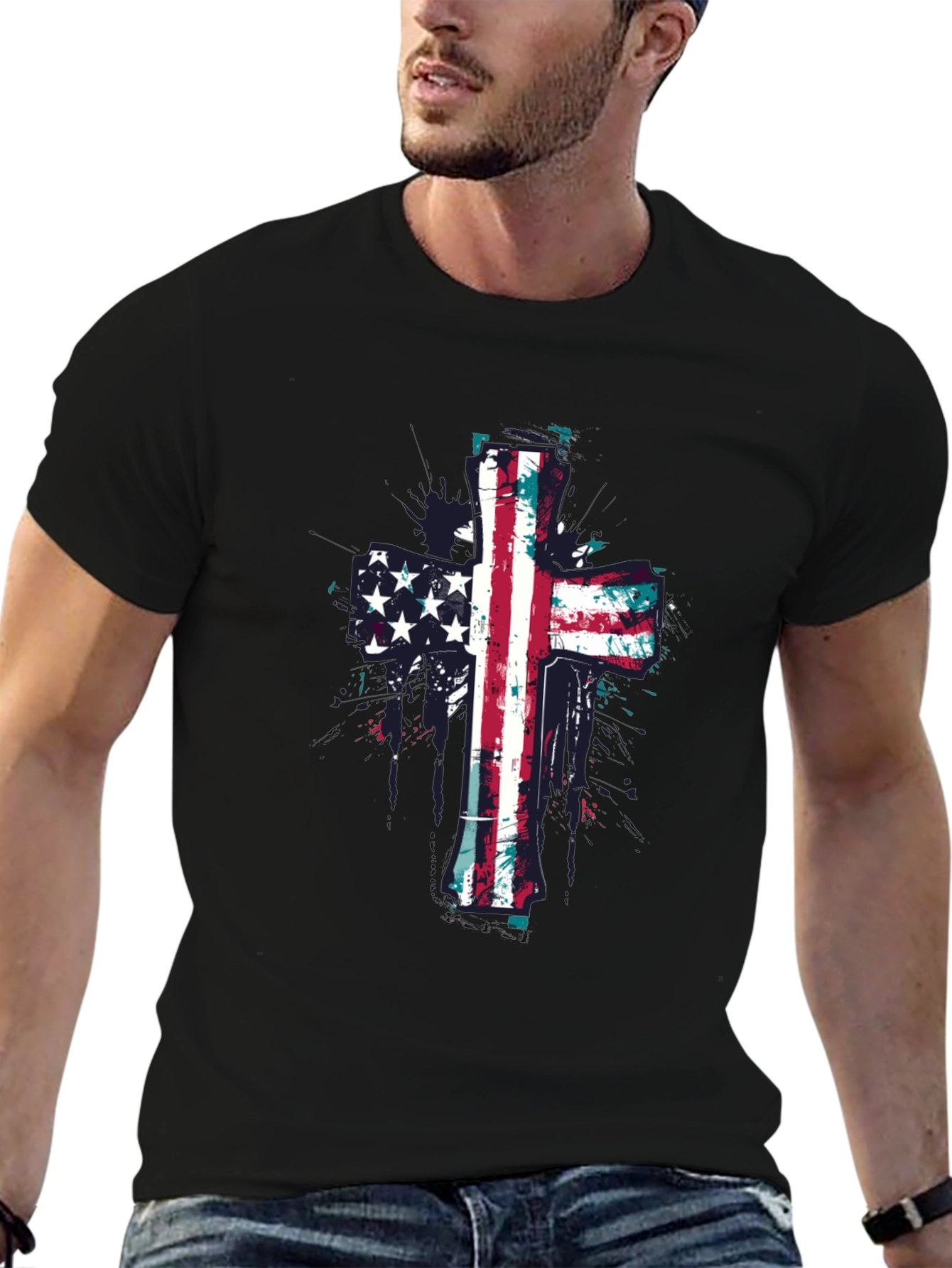 American Flag Cross Graphic Tee - Black