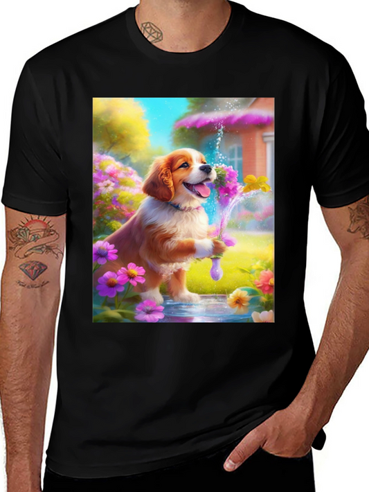 Dog Playing with Flowers Graphic Tee