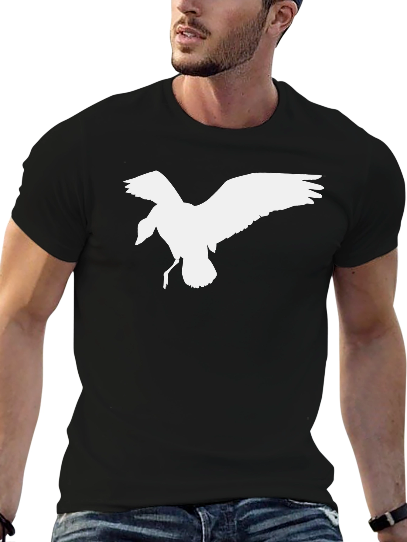 Black T-Shirt with White Bird Graphic