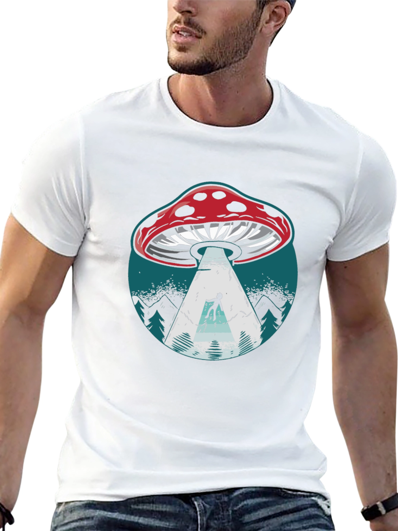 Mushroom UFO Abduction Graphic Tee - Black Cotton Shirt