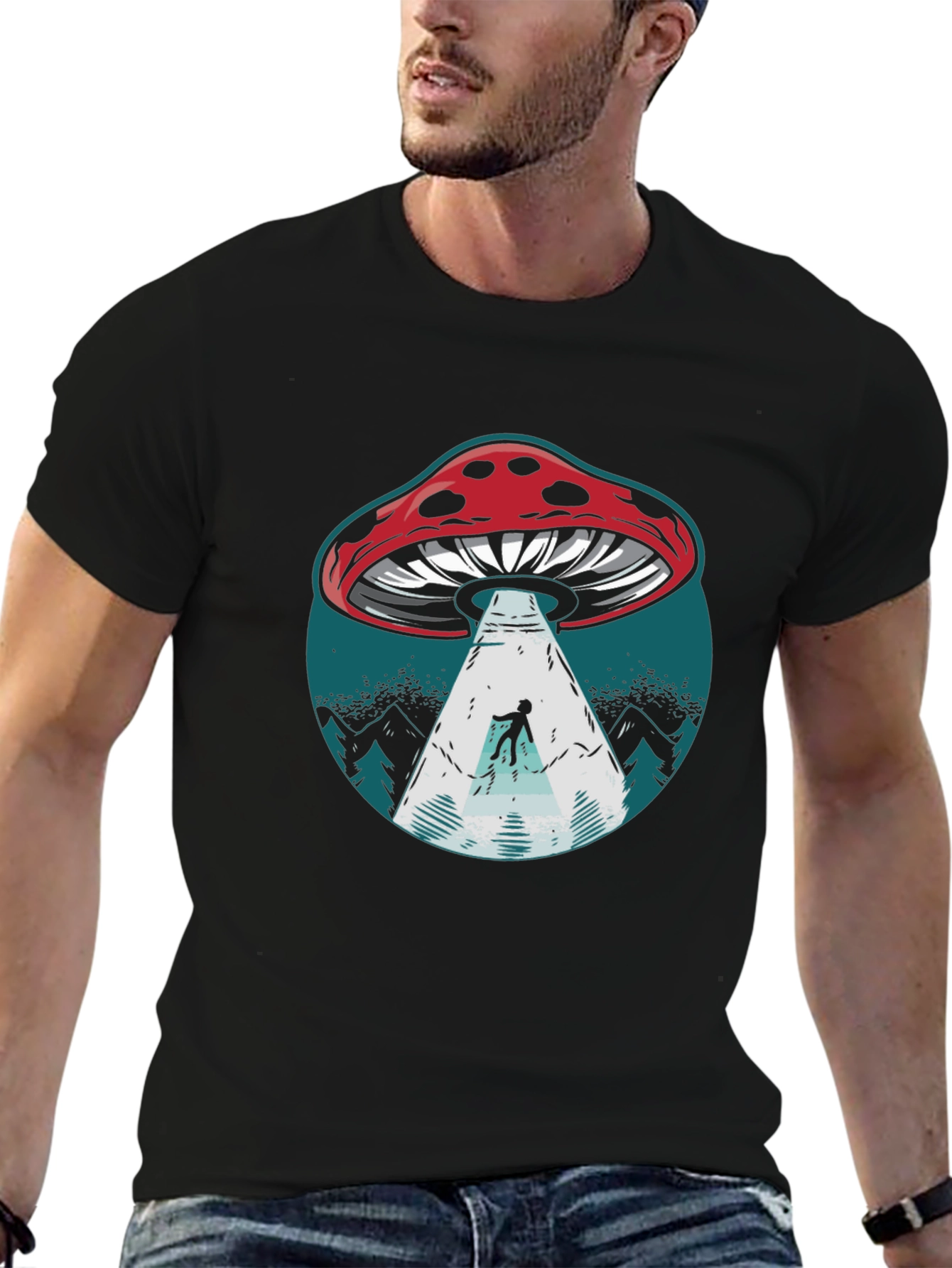 Mushroom UFO Abduction Graphic Tee - Black Cotton Shirt