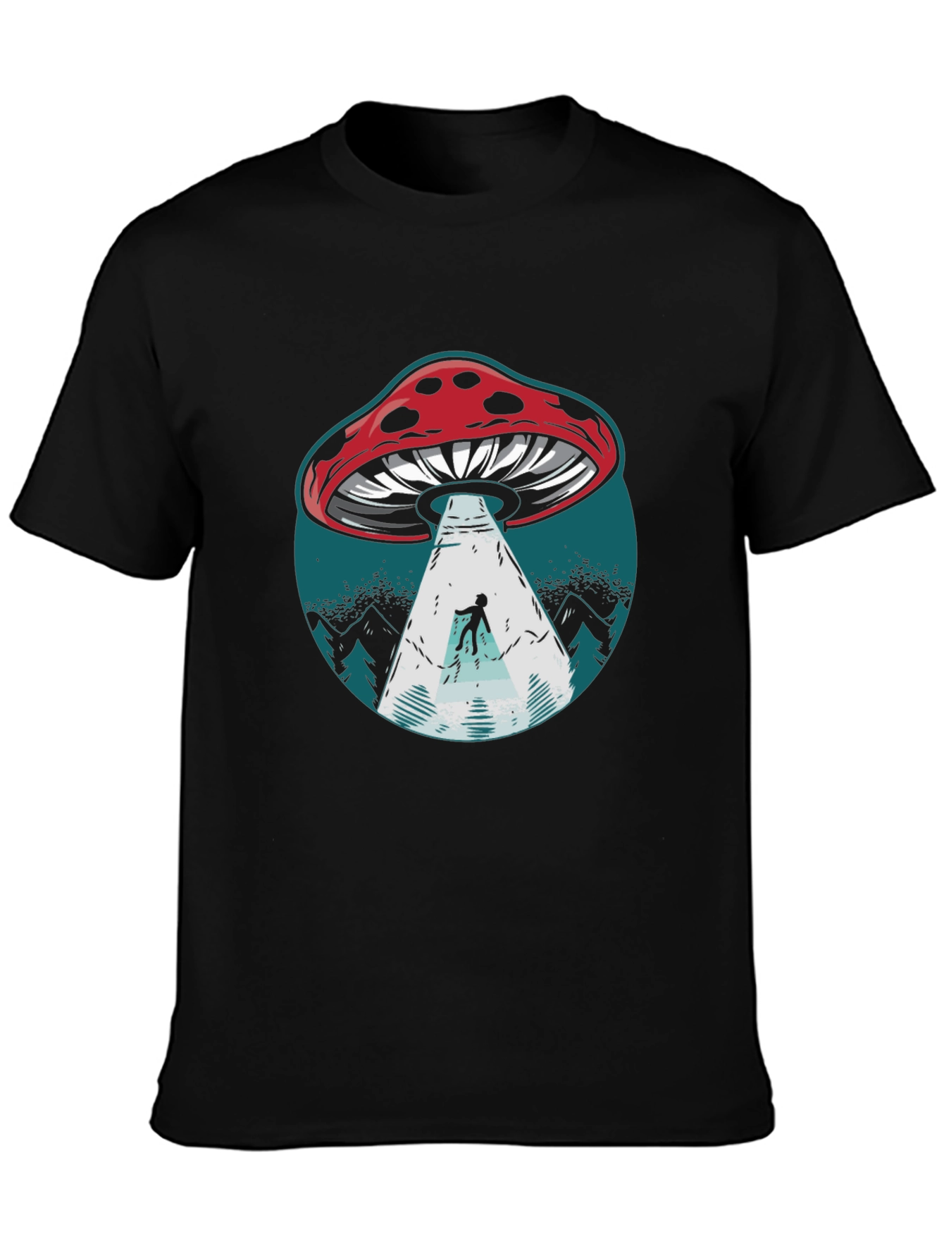 Mushroom UFO Abduction Graphic Tee - Black Cotton Shirt