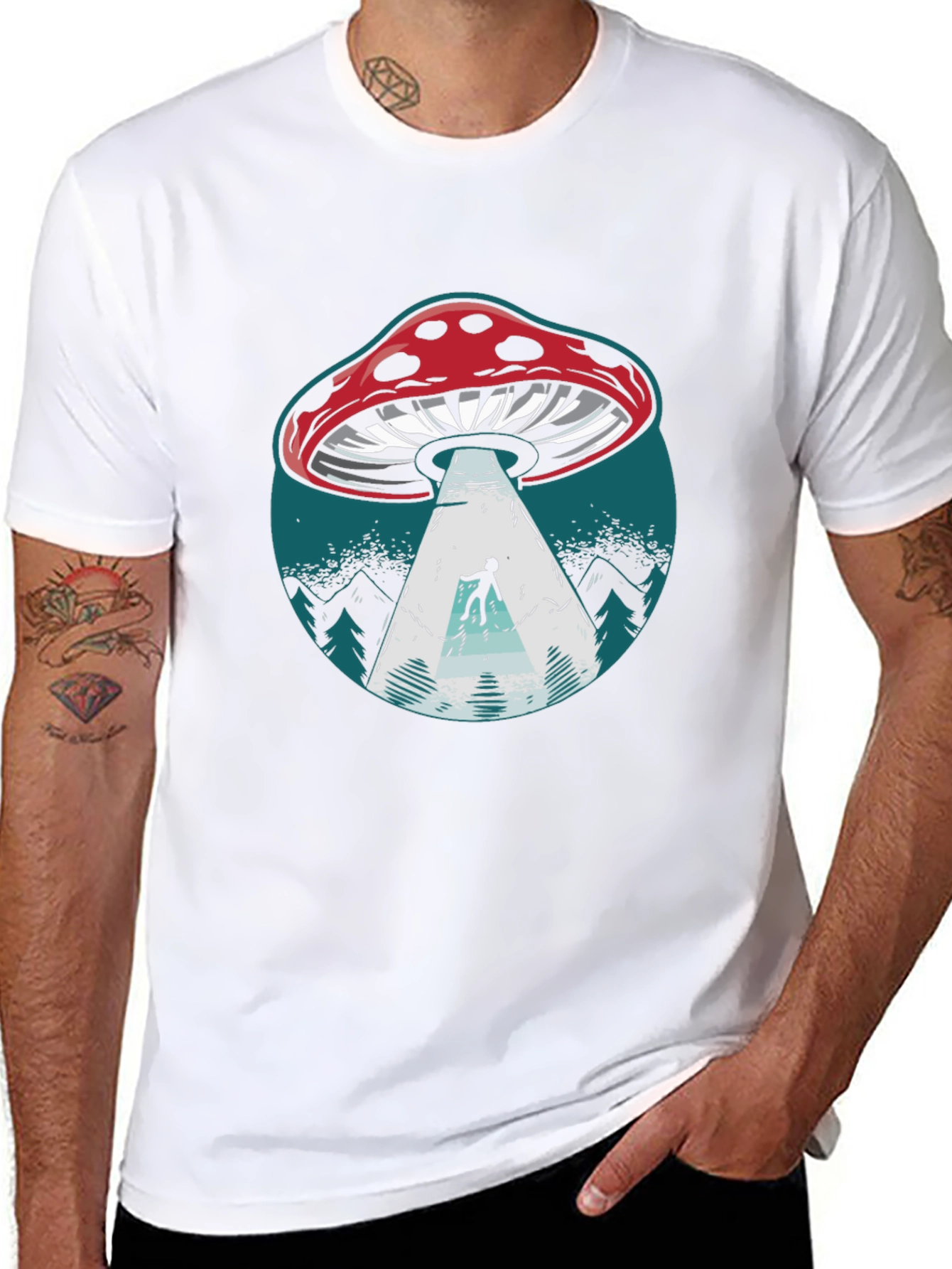 Mushroom UFO Abduction Graphic Tee - Black Cotton Shirt