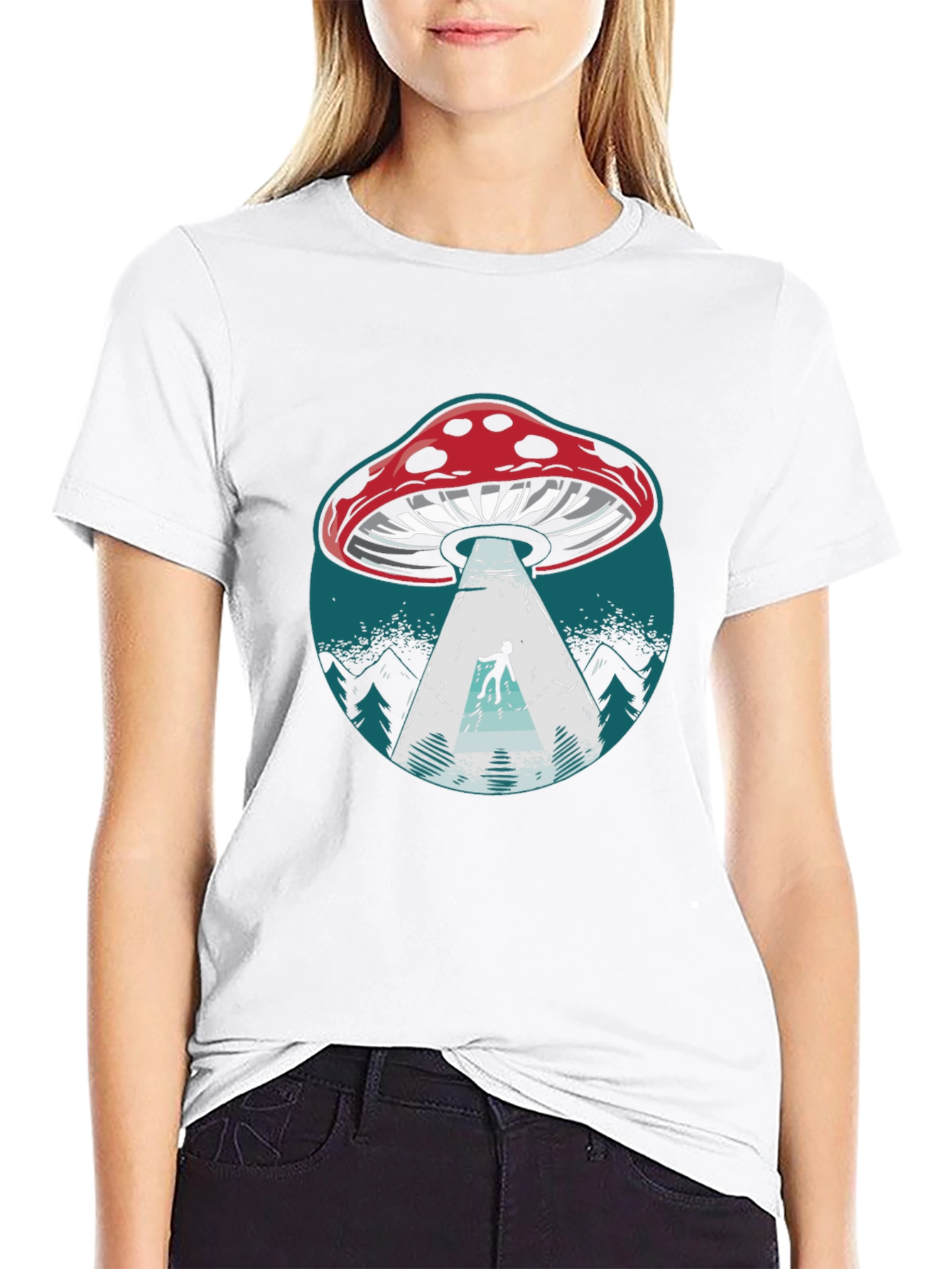 Mushroom UFO Abduction Graphic Tee - Black Cotton Shirt