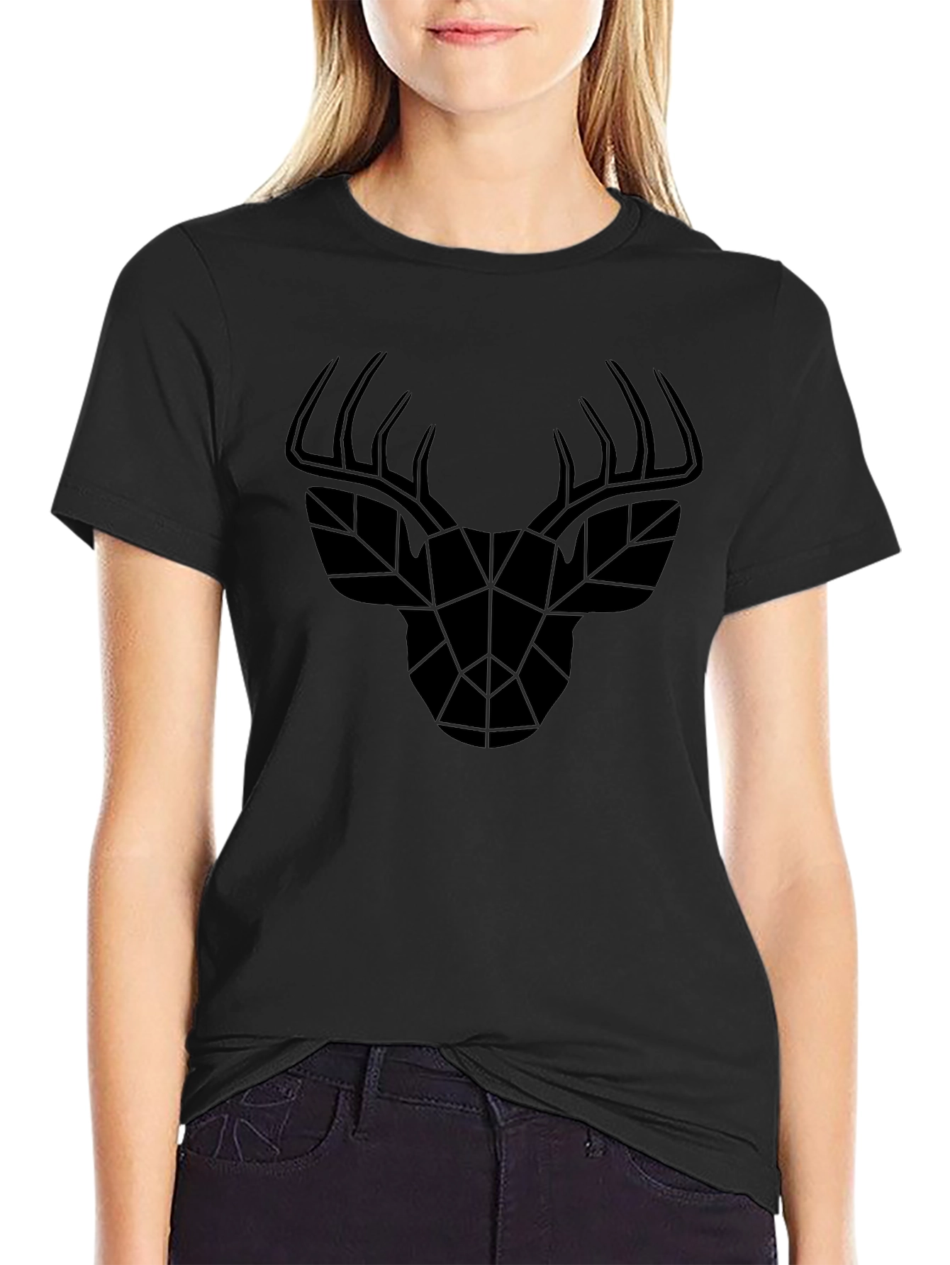 Geometric Deer Head Black T-Shirt