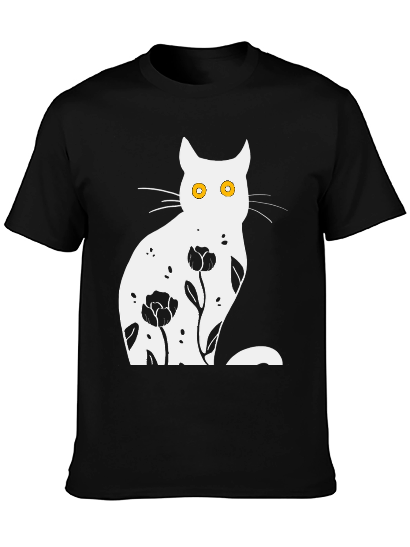 Floral Cat Graphic Black T-Shirt