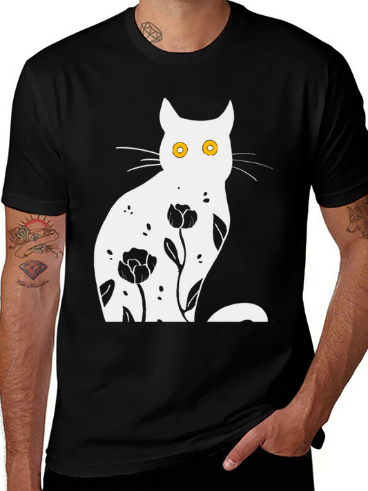 Floral Cat Graphic Black T-Shirt