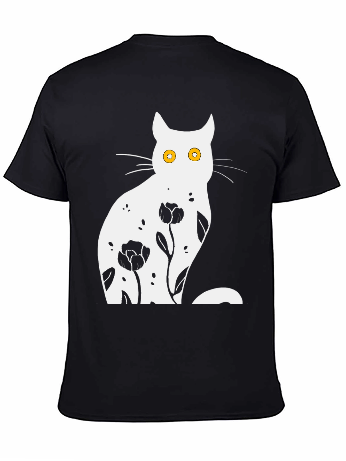 Floral Cat Graphic Black T-Shirt