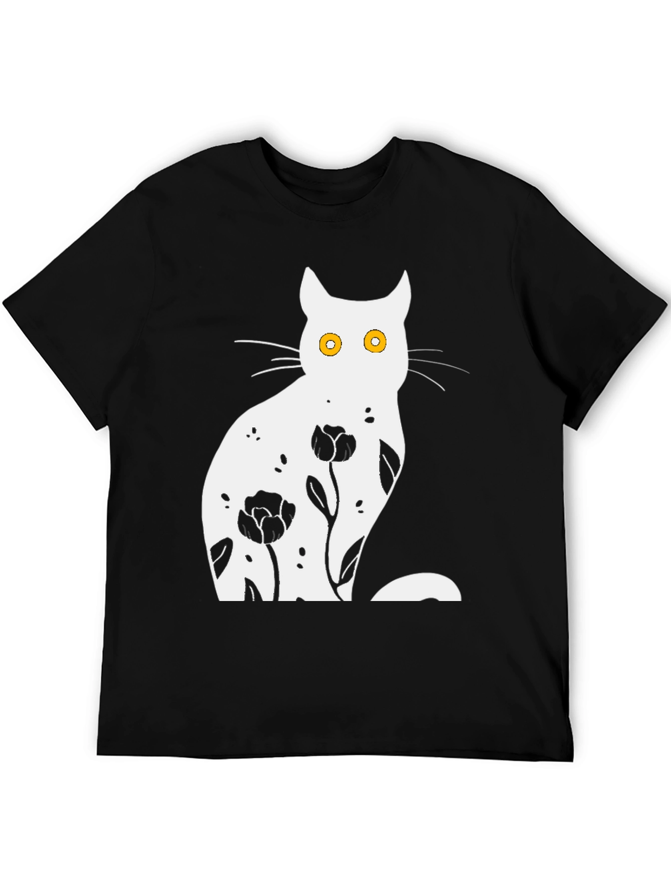Floral Cat Graphic Black T-Shirt