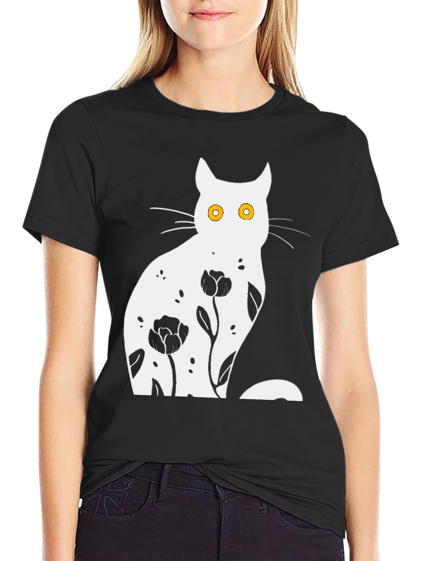 Floral Cat Graphic Black T-Shirt