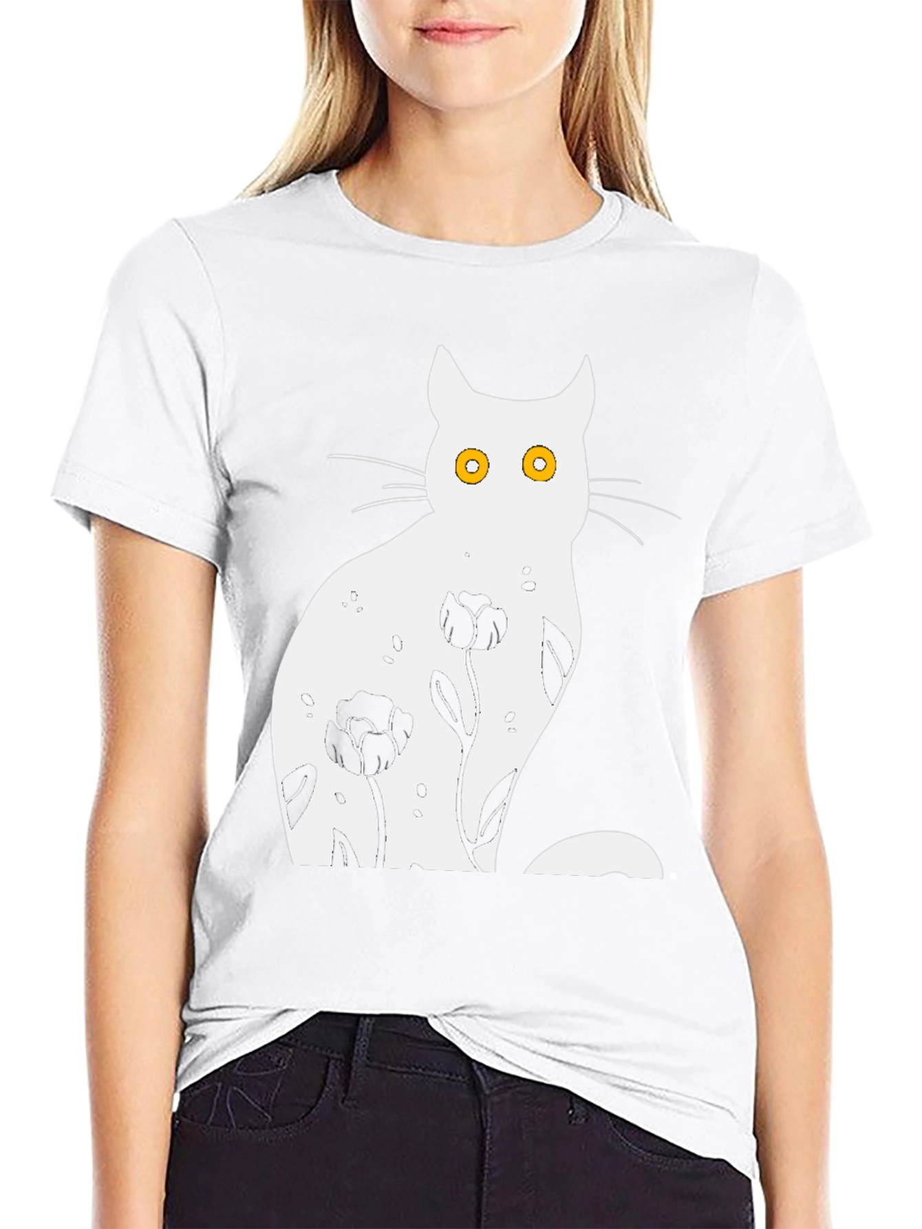 Floral Cat Graphic Black T-Shirt
