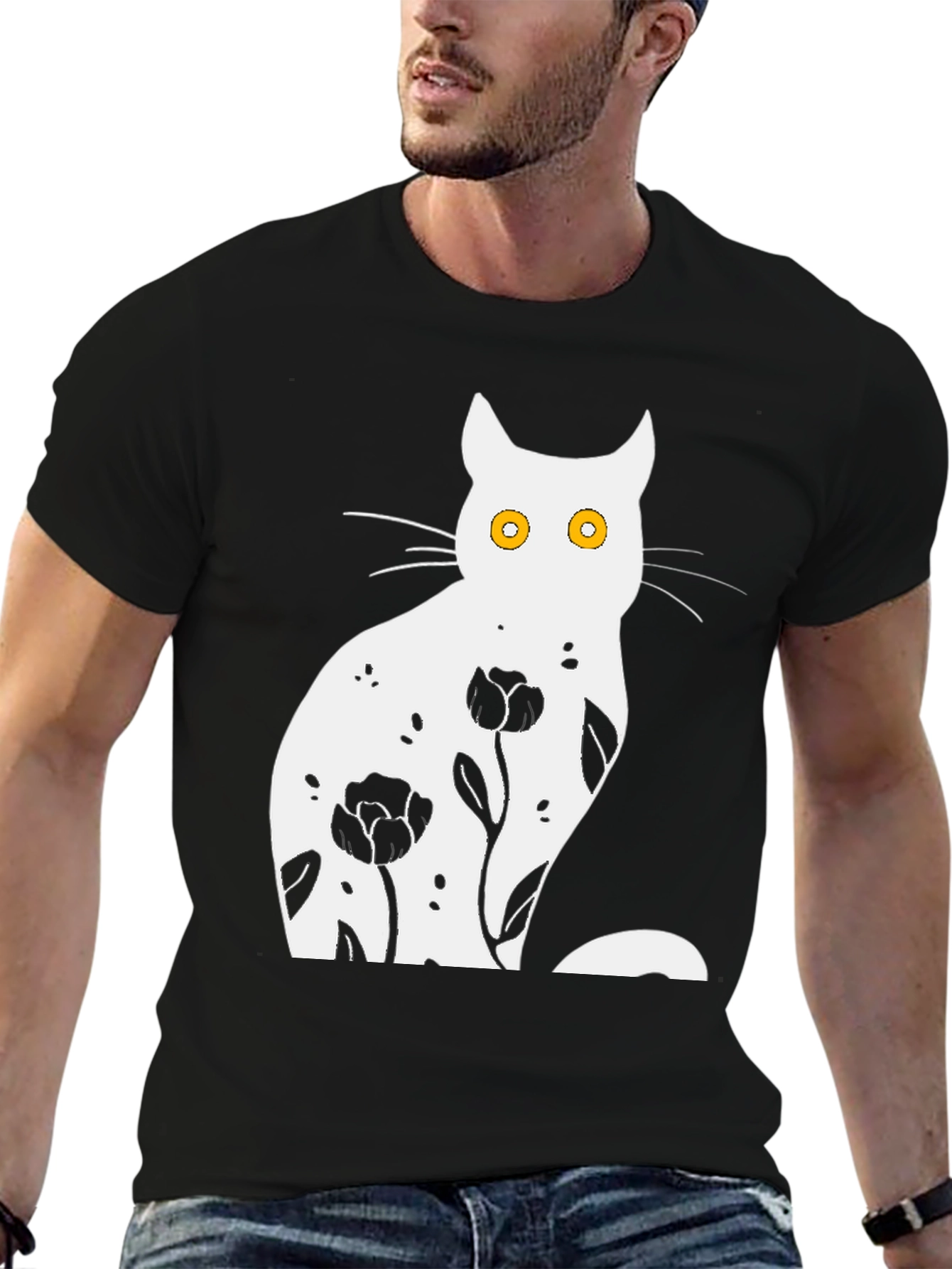 Floral Cat Graphic Black T-Shirt