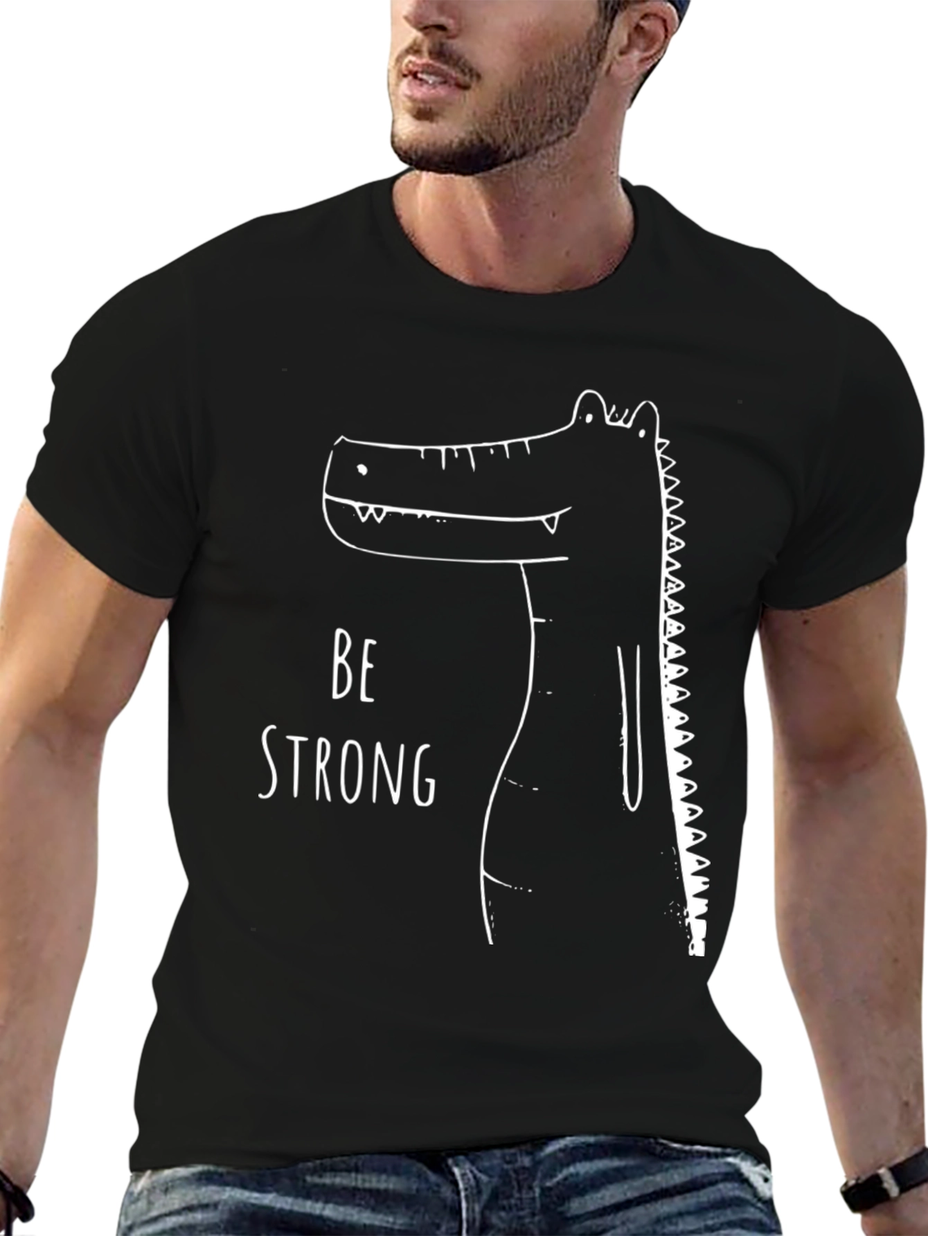 Be Strong Crocodile Graphic Tee - Black Cotton T-Shirt