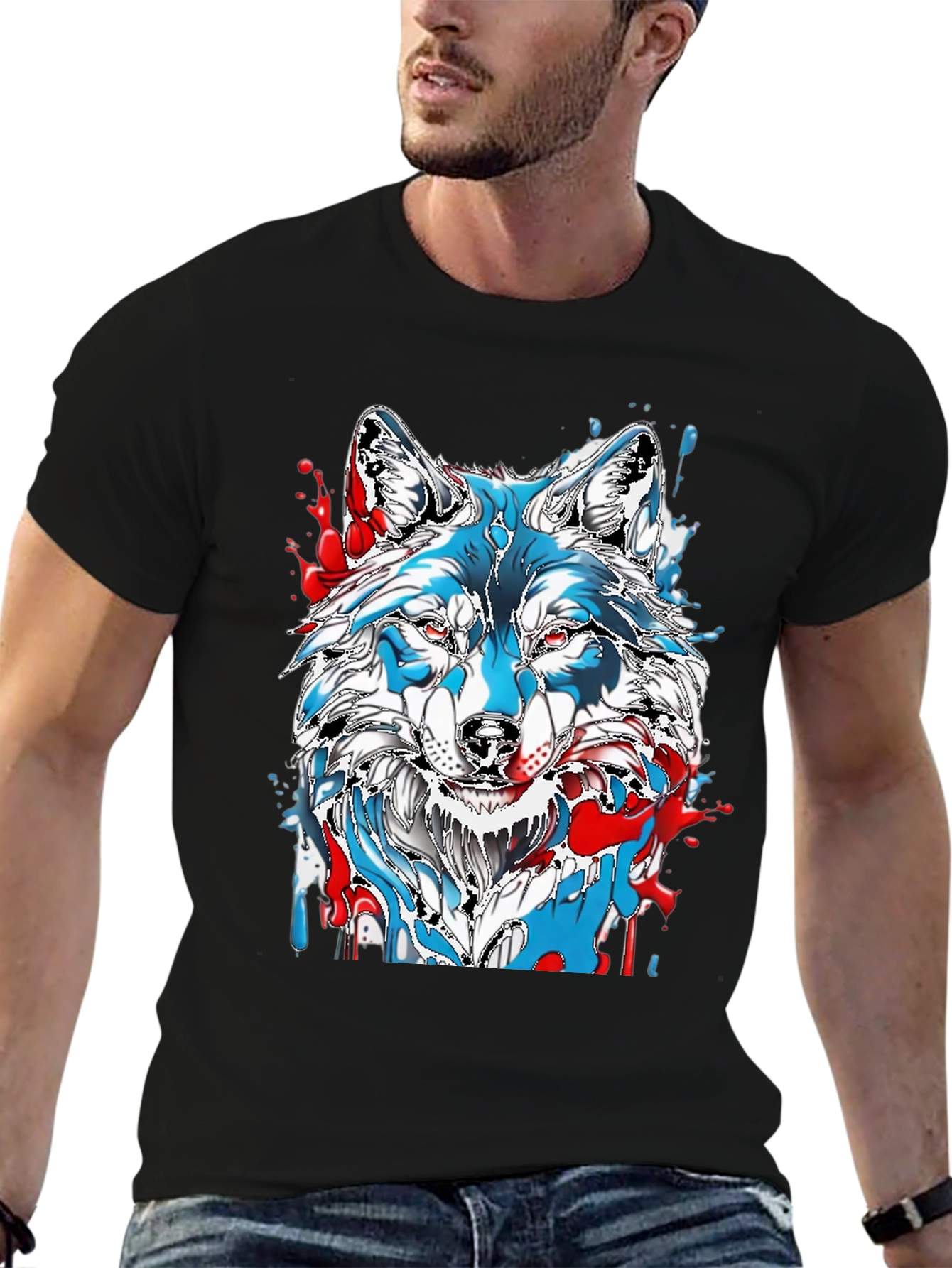 Wolf Graphic Print Mens Black T-Shirt