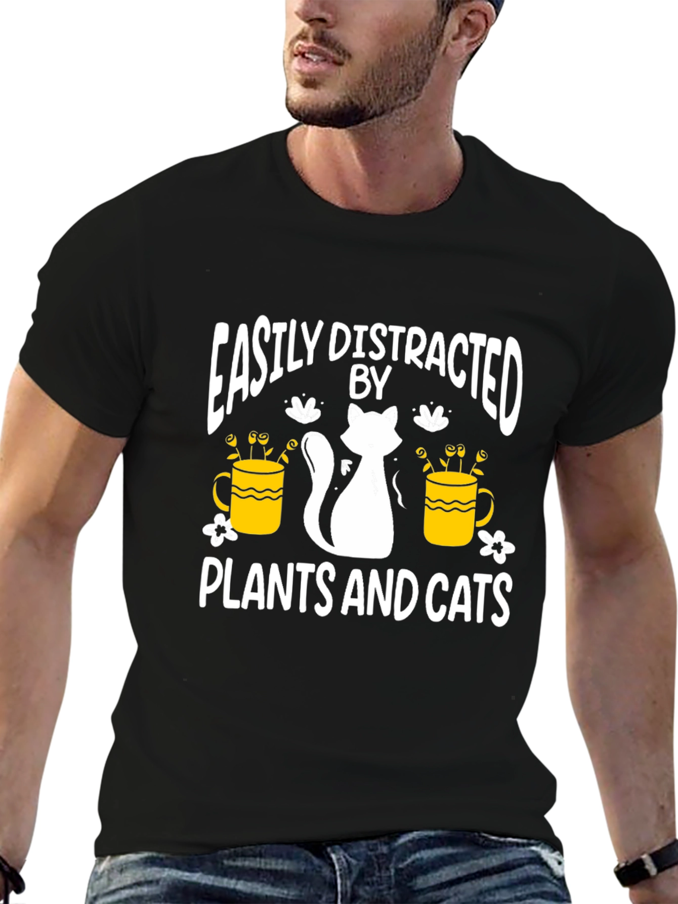 Easily Distracted By Plants And Cats Black T-Shirt