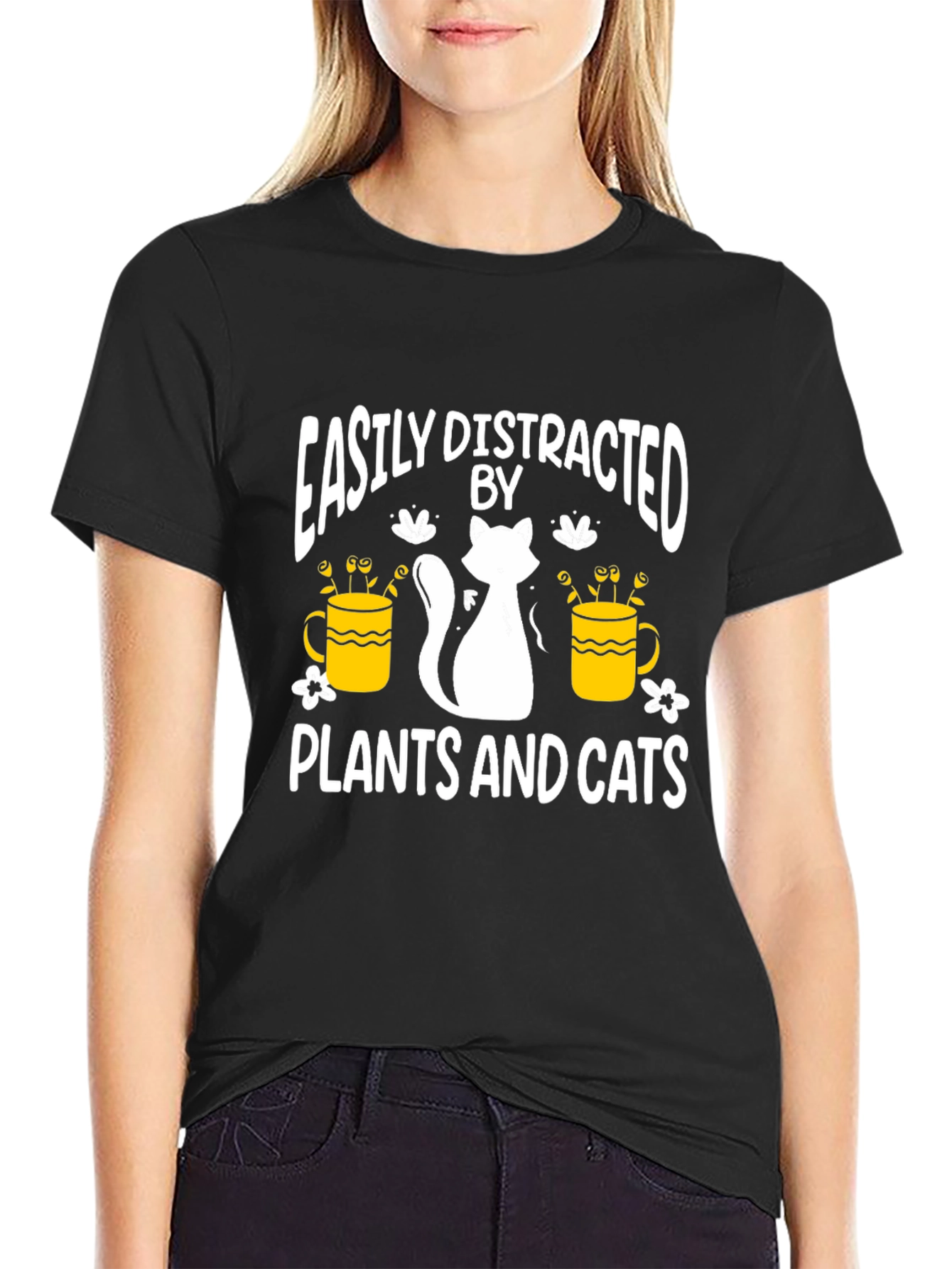 Easily Distracted By Plants And Cats Black T-Shirt
