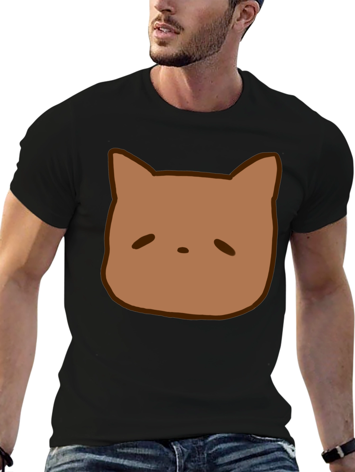 Cute Brown Cat Face Graphic Black T-Shirt