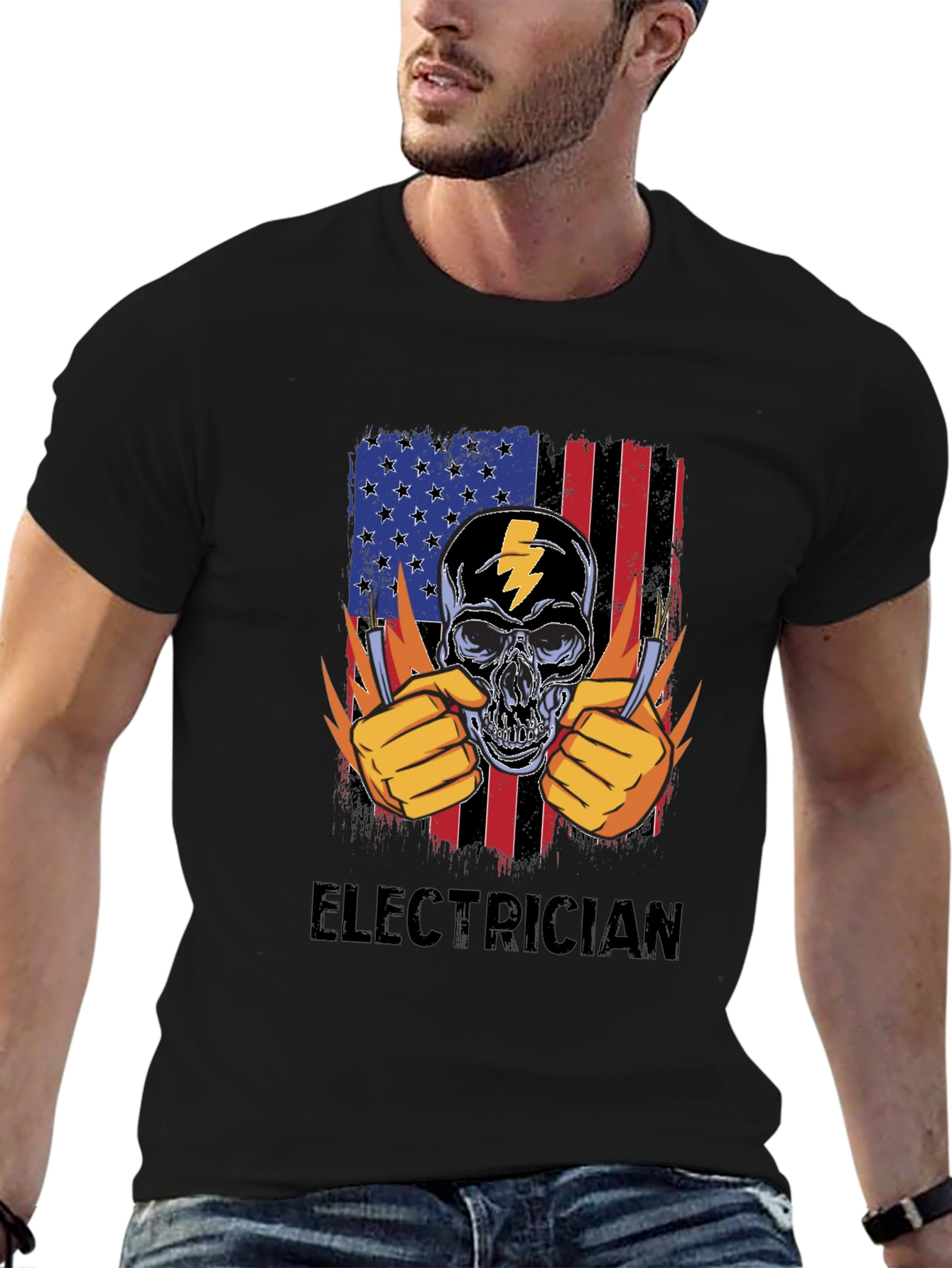 Electrician Skull USA Flag T-Shirt