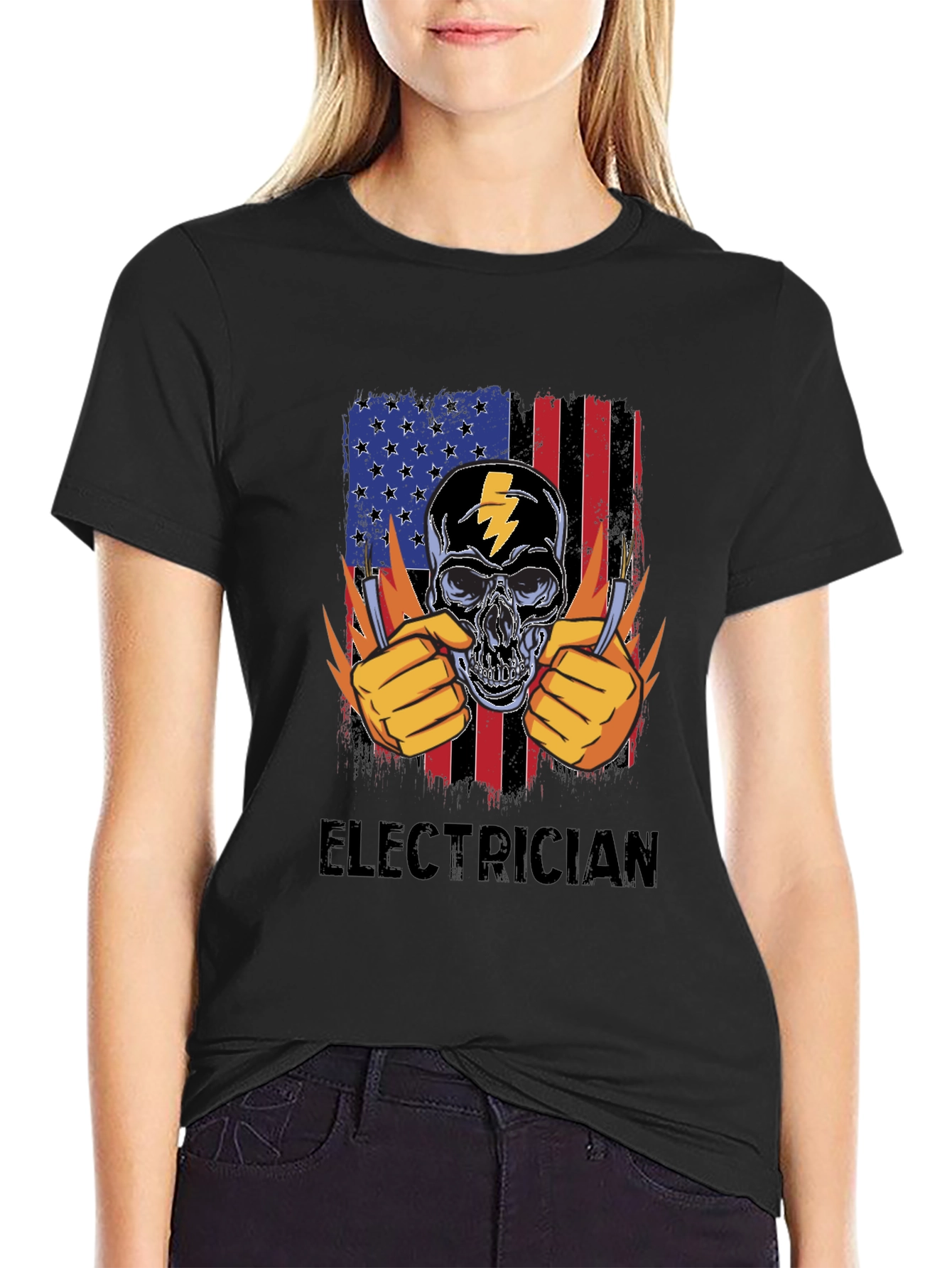 Electrician Skull USA Flag T-Shirt