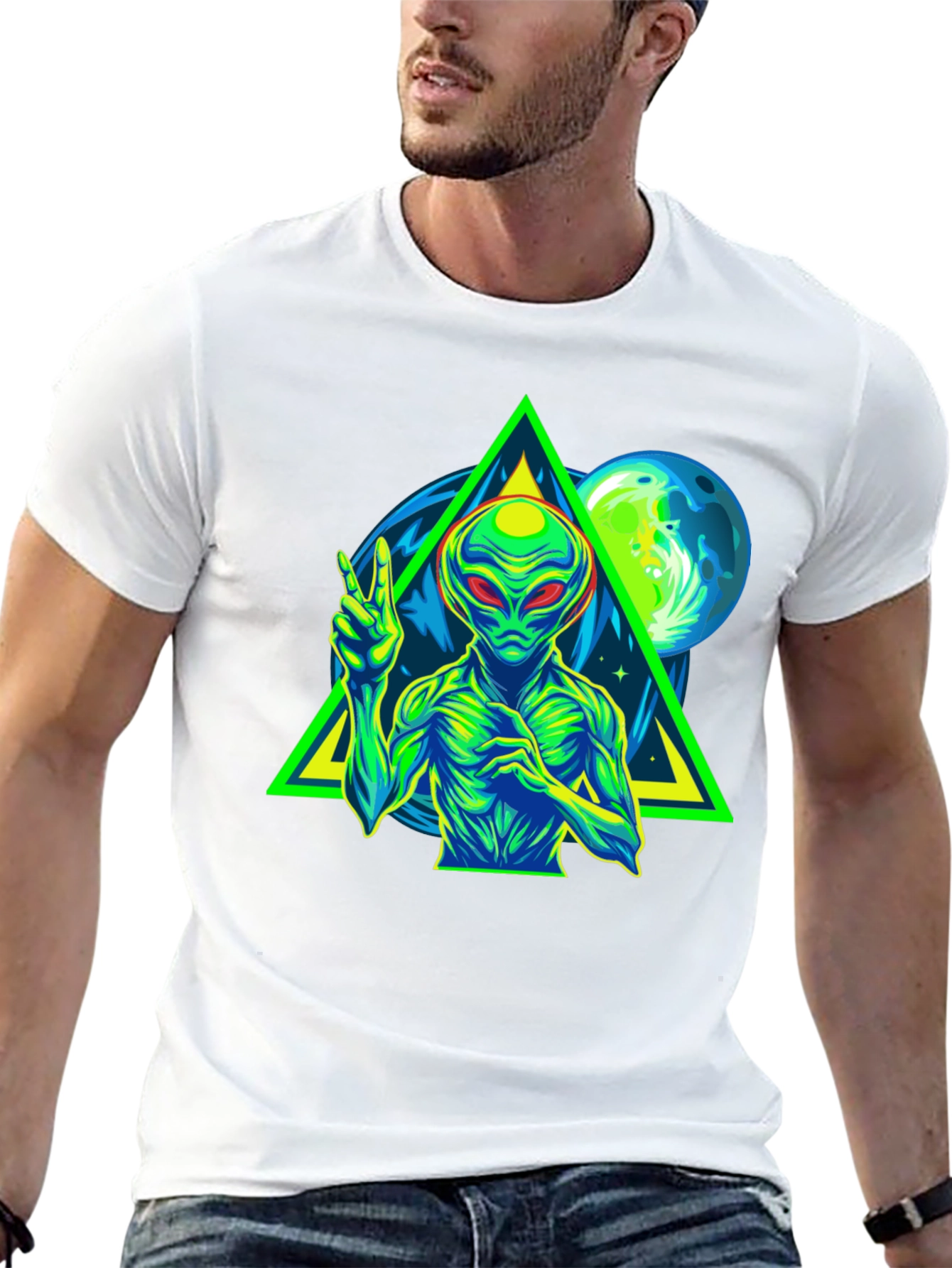 Alien Peace Sign Graphic Tee - Black Cotton T-Shirt