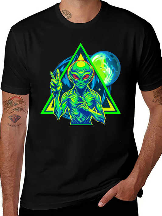 Alien Peace Sign Graphic Tee - Black Cotton T-Shirt