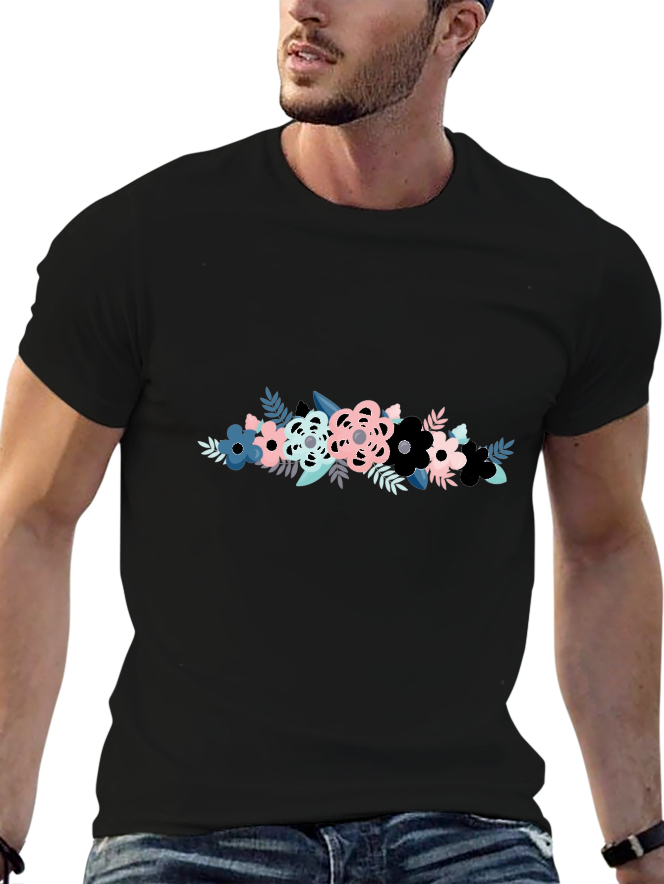 Floral Graphic Print Mens Black T-Shirt