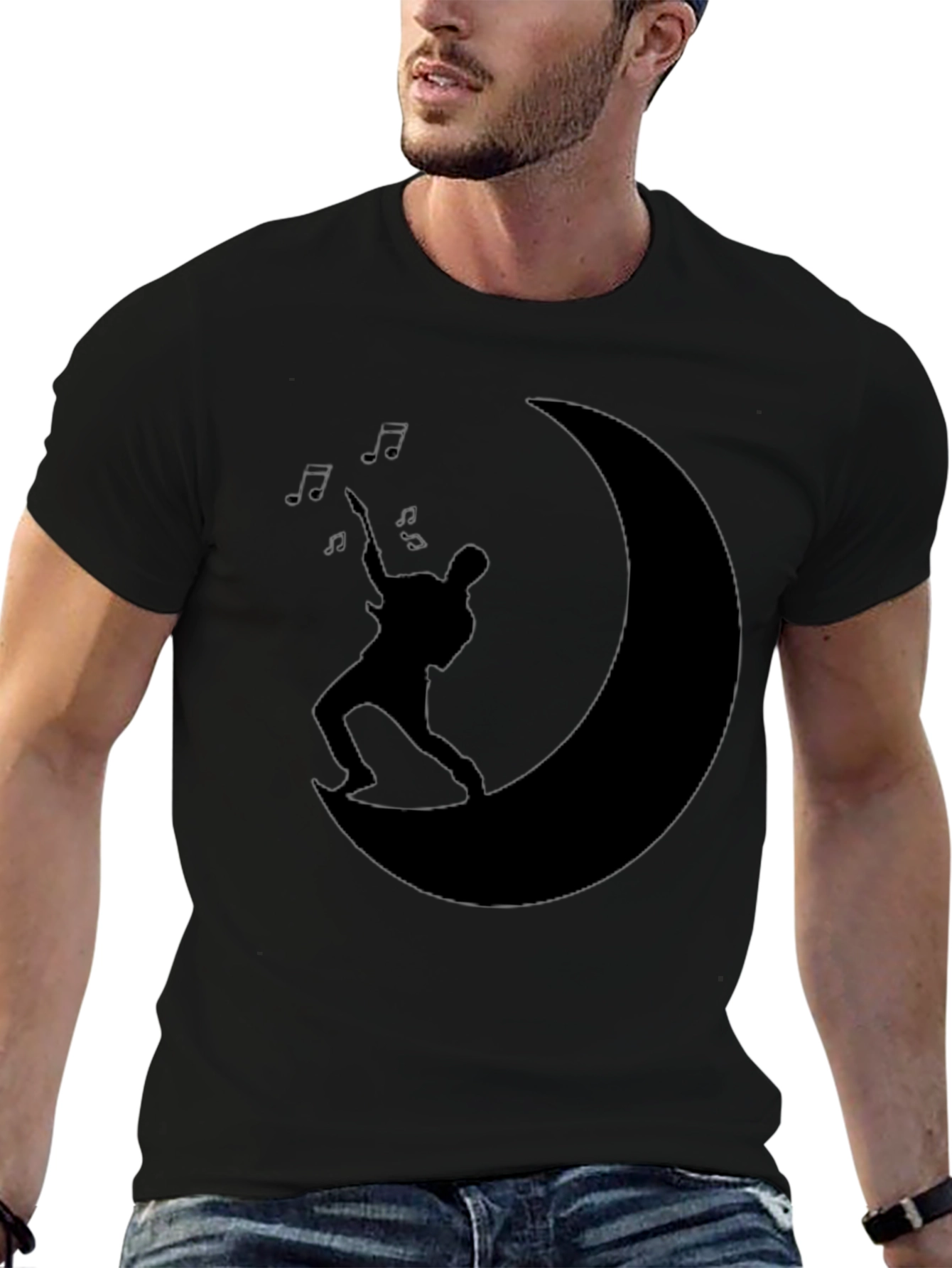 Moon Guitarist Black T-Shirt - Music Lover Tee
