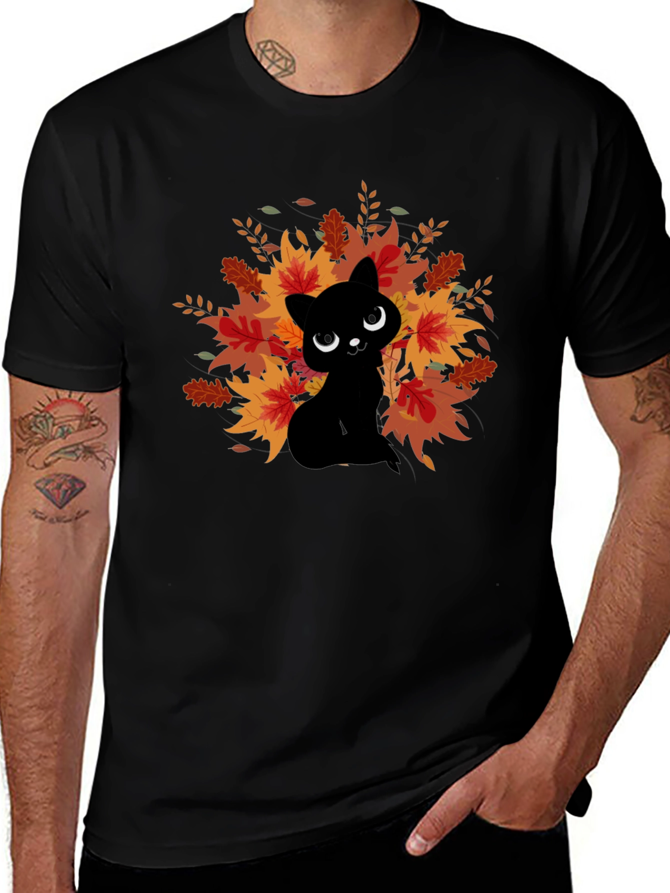 Autumn Cat Graphic Tee - Black Cotton Comfort