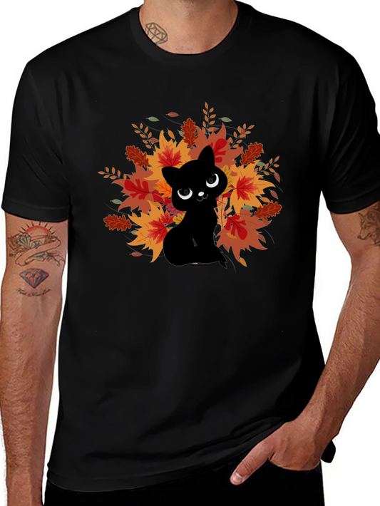 Autumn Cat Graphic Tee - Black Cotton Comfort