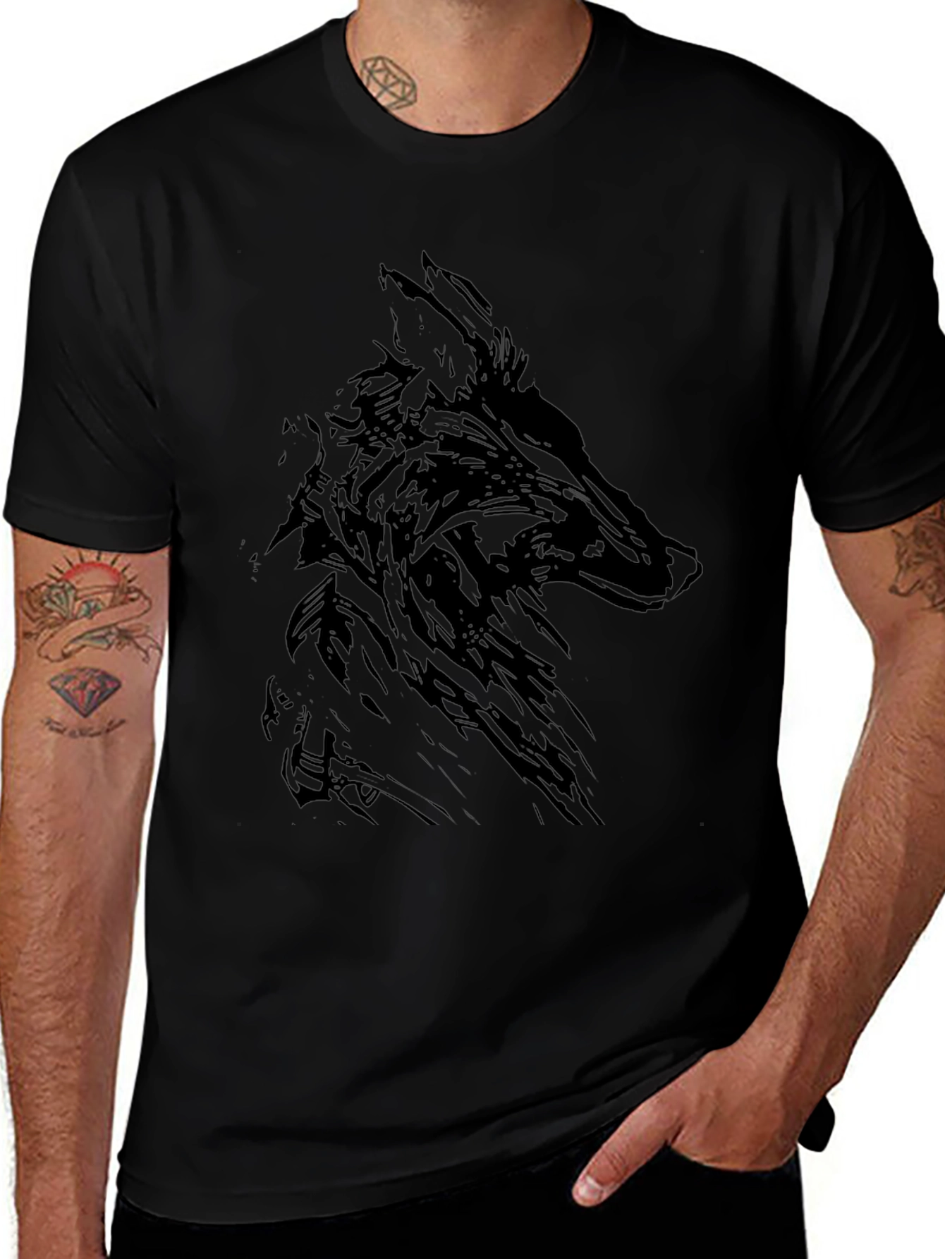 Mens Black Wolf Graphic Print T-Shirt