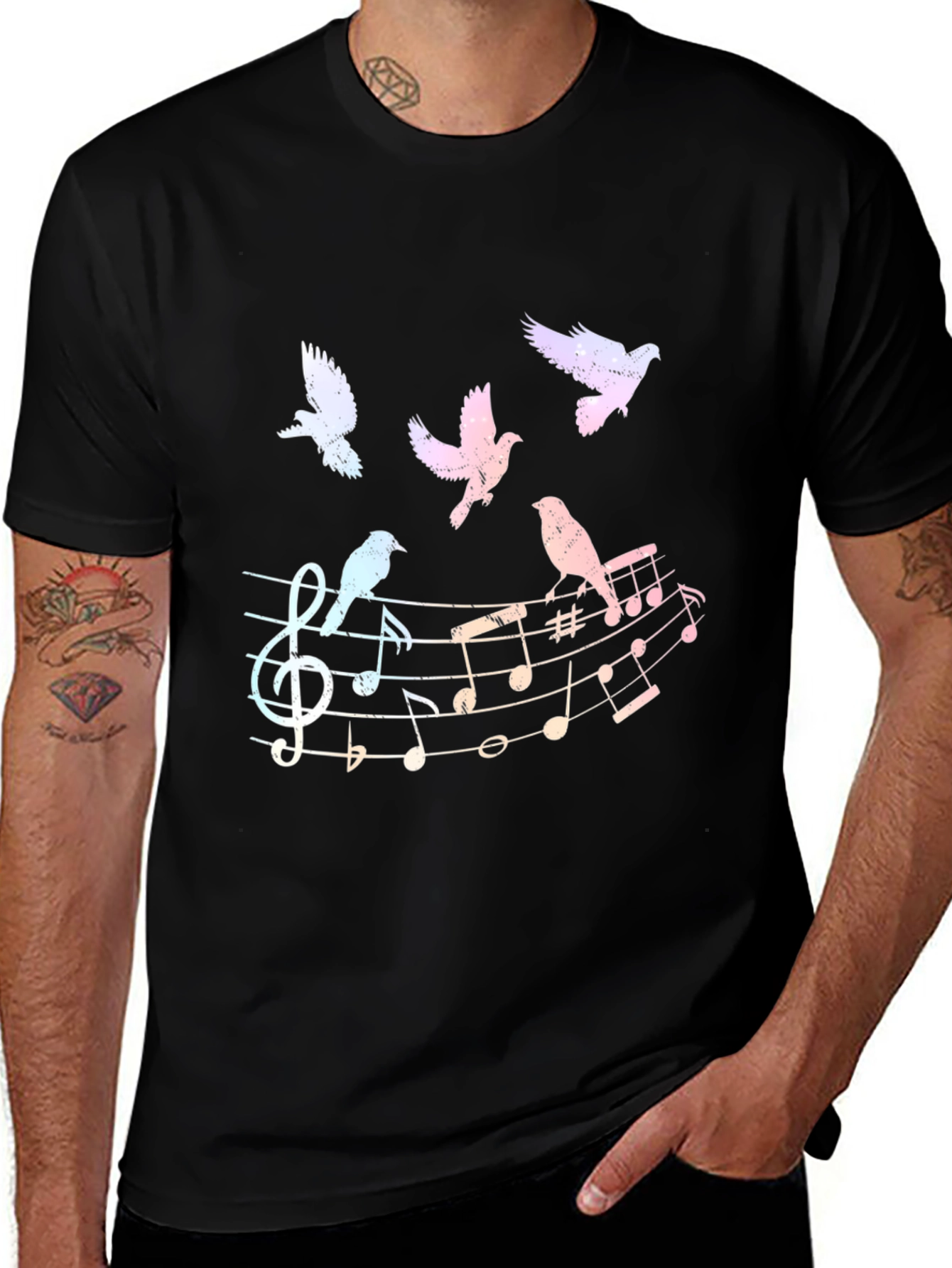 Musical Birds Graphic Tee - Black Cotton Shirt