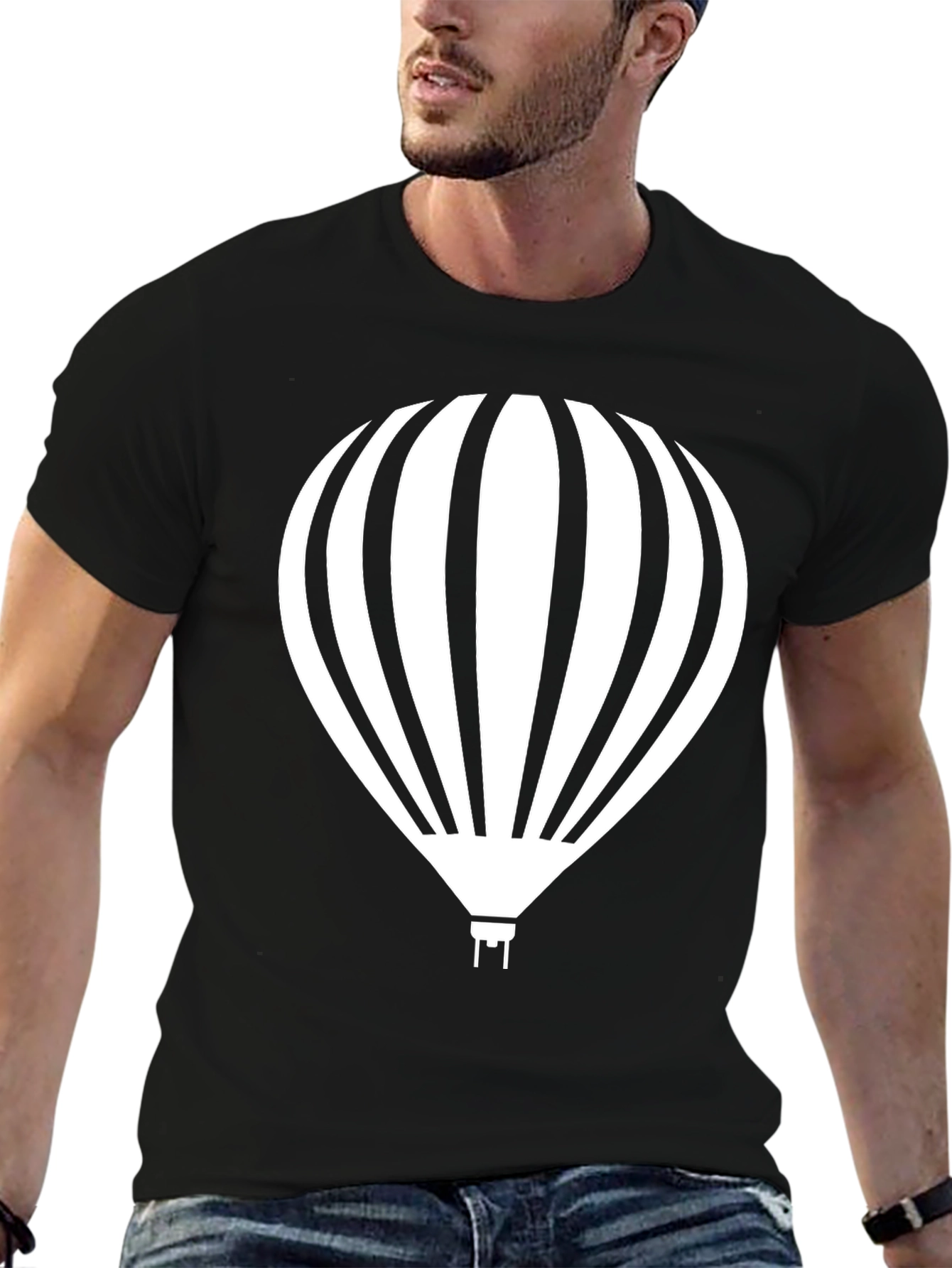 Hot Air Balloon Graphic Tee - Black Cotton Shirt