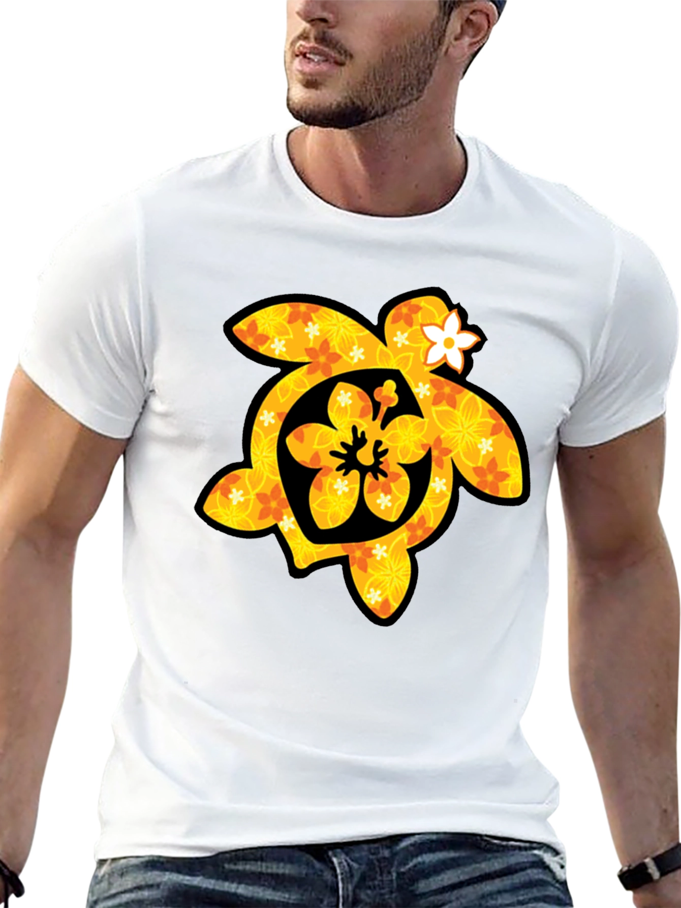 Floral Turtle Graphic Tee - Black Cotton T-Shirt