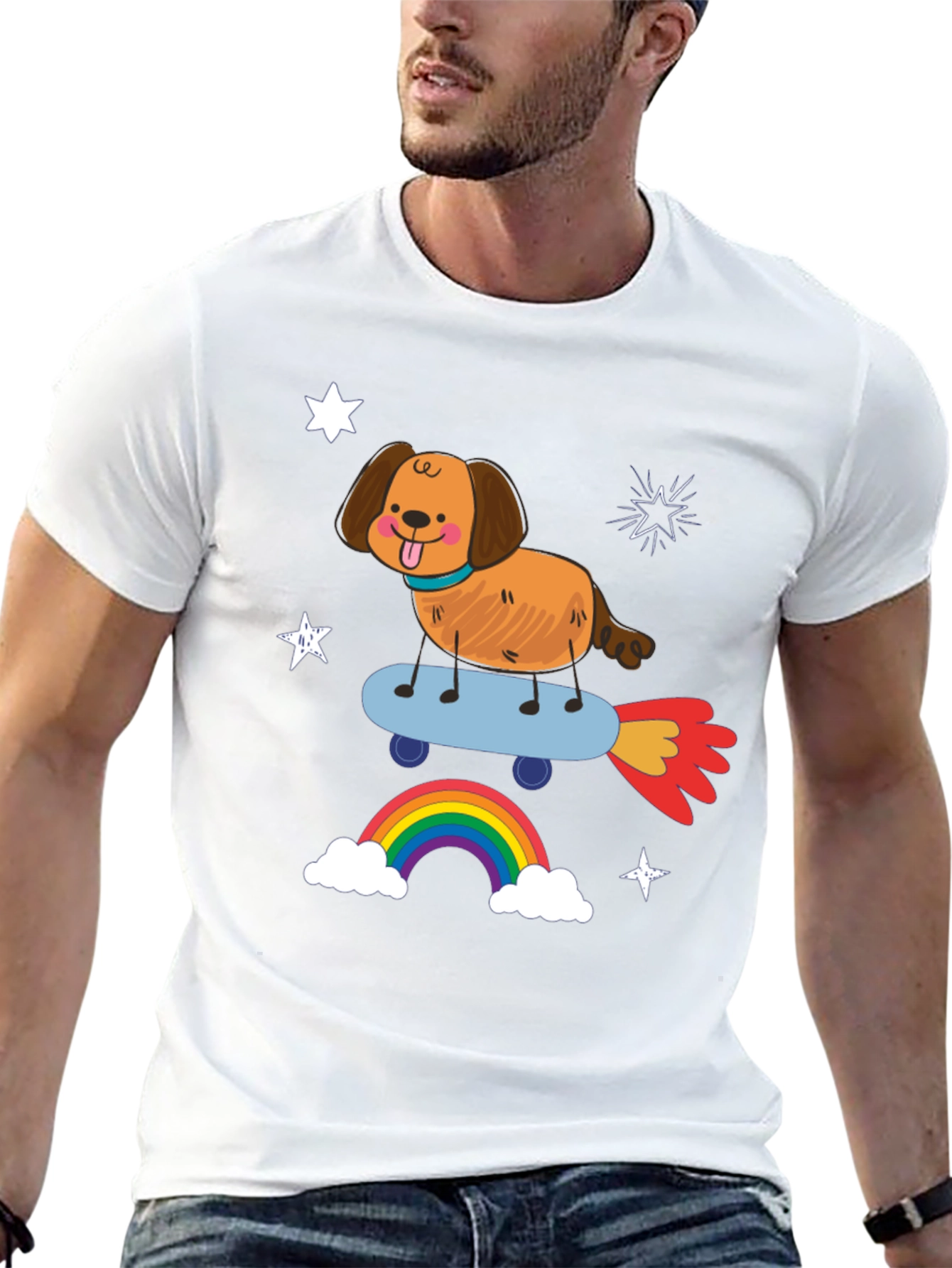 Dog on Skateboard T-Shirt - Fun Rainbow Design