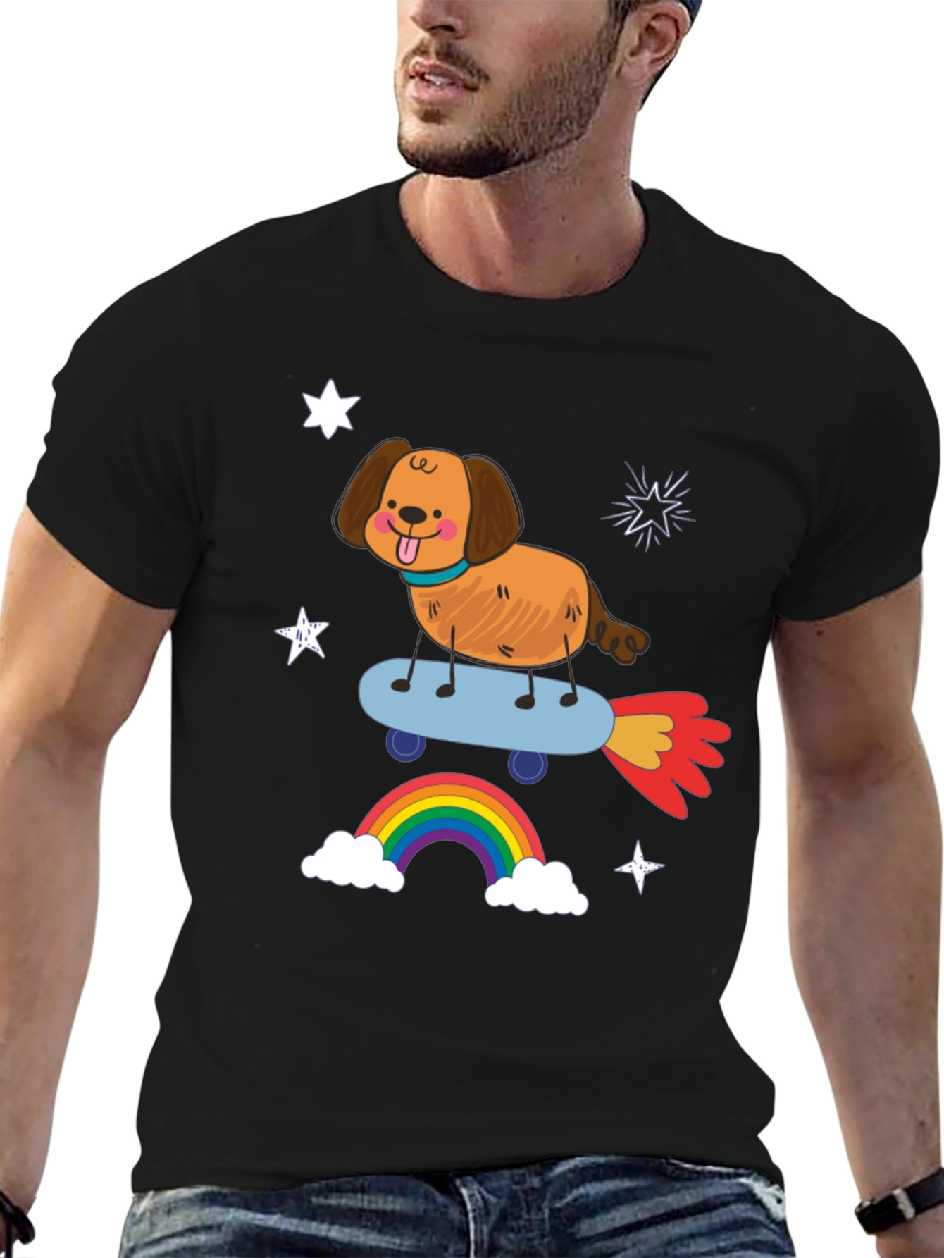 Dog on Skateboard T-Shirt - Fun Rainbow Design