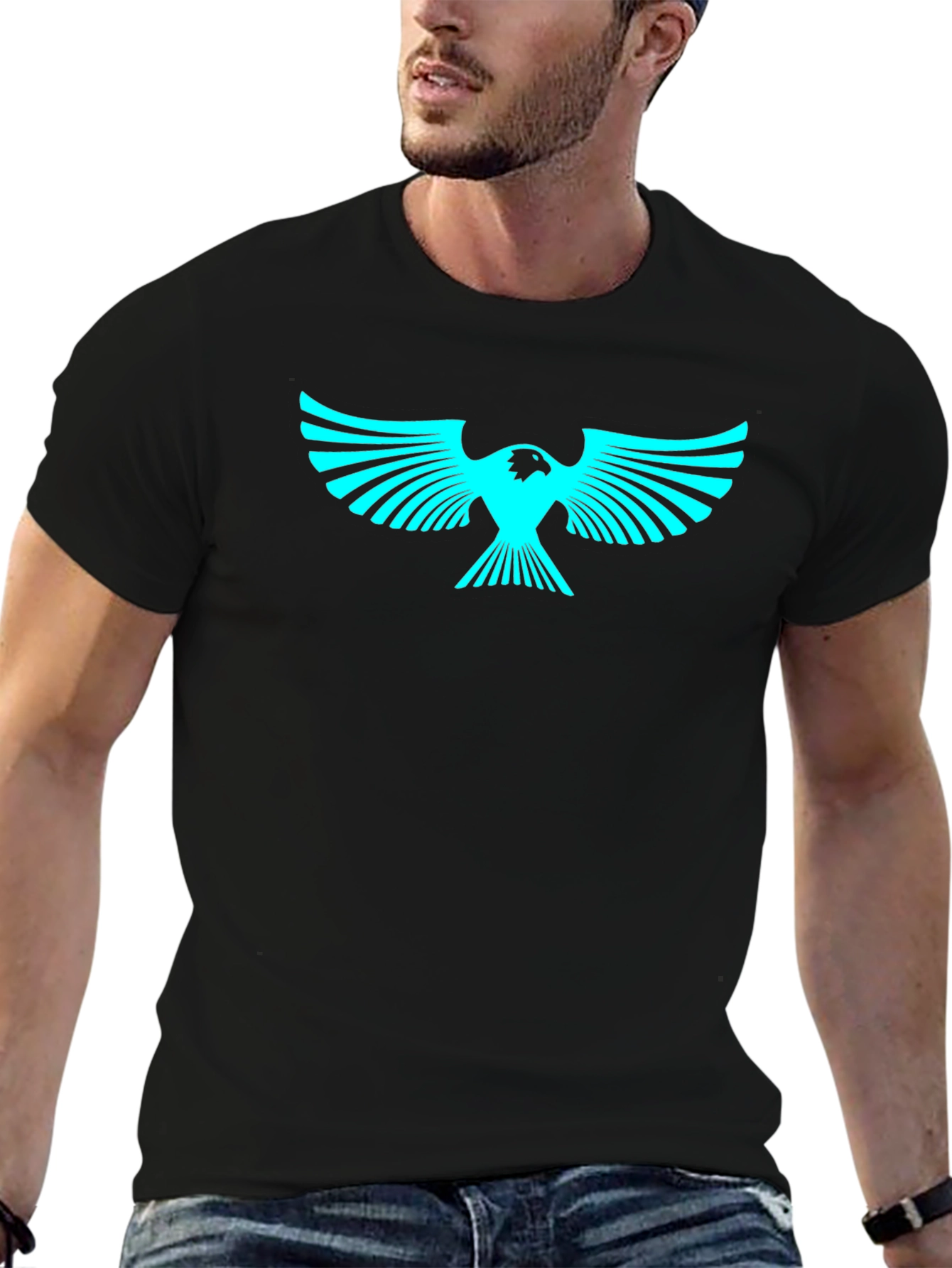 Cool Graphic Tee: Cyan Eagle on Black
