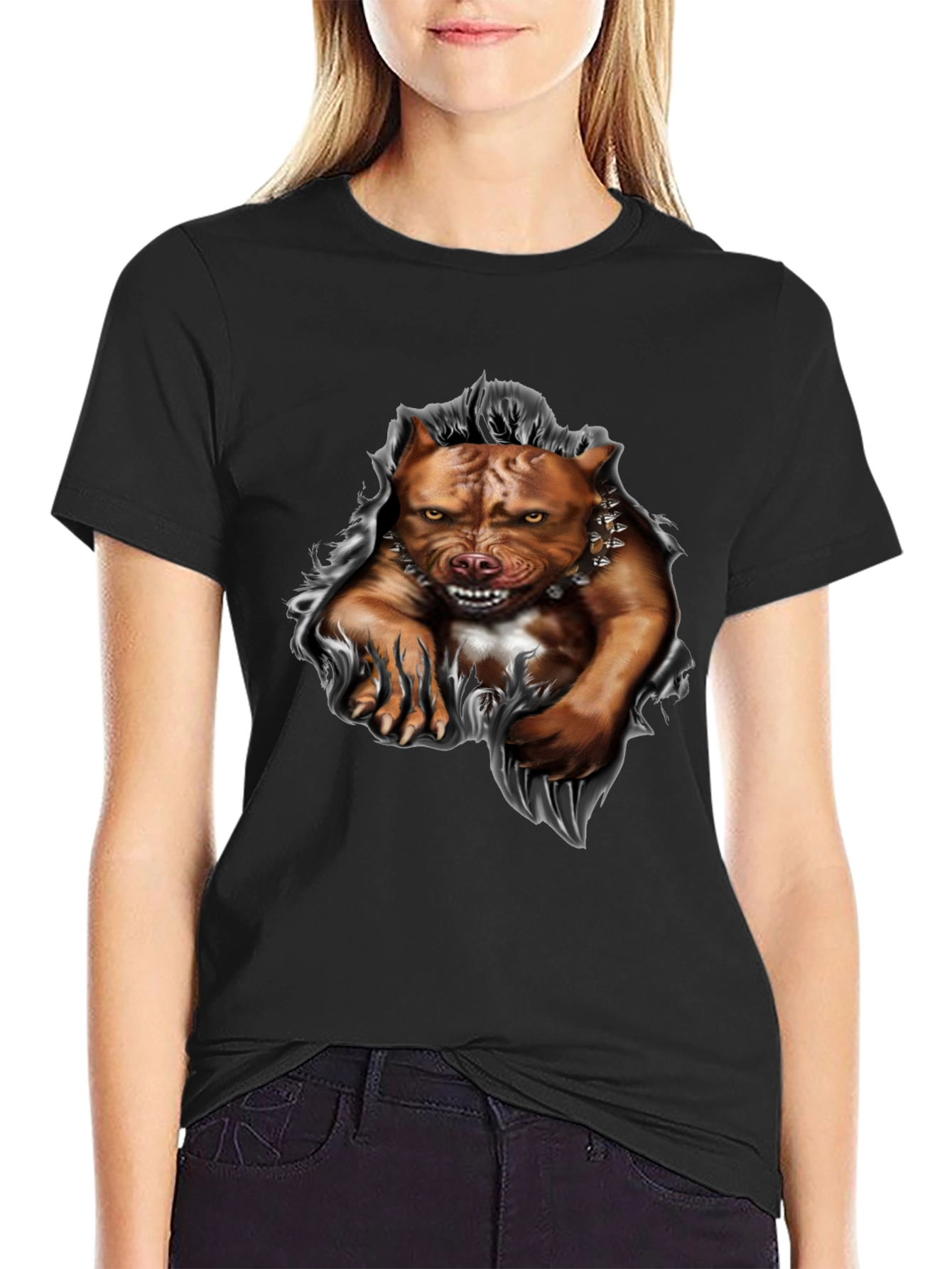 Pitbull Dog Graphic Print T-Shirt - Black