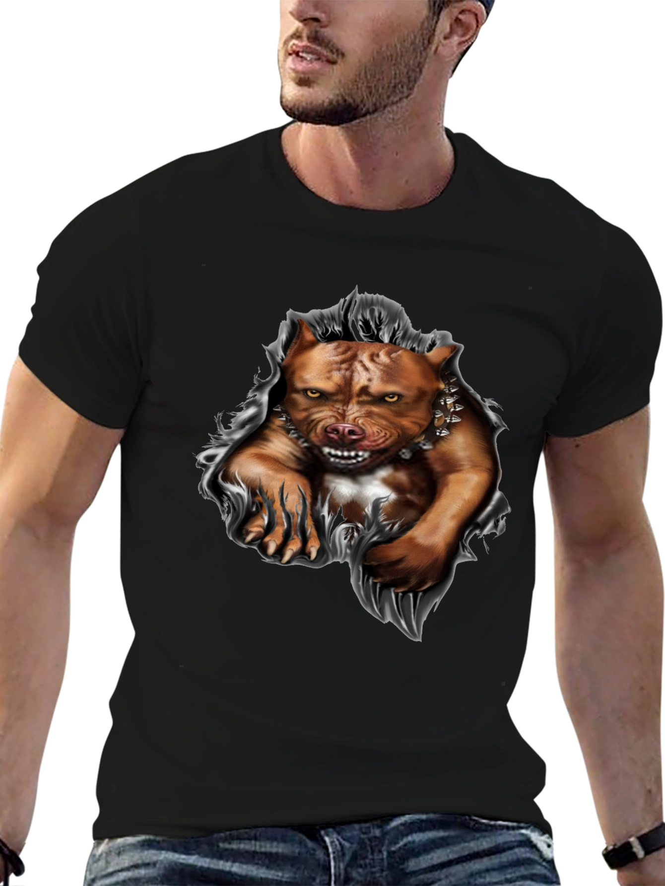 Pitbull Dog Graphic Print T-Shirt - Black