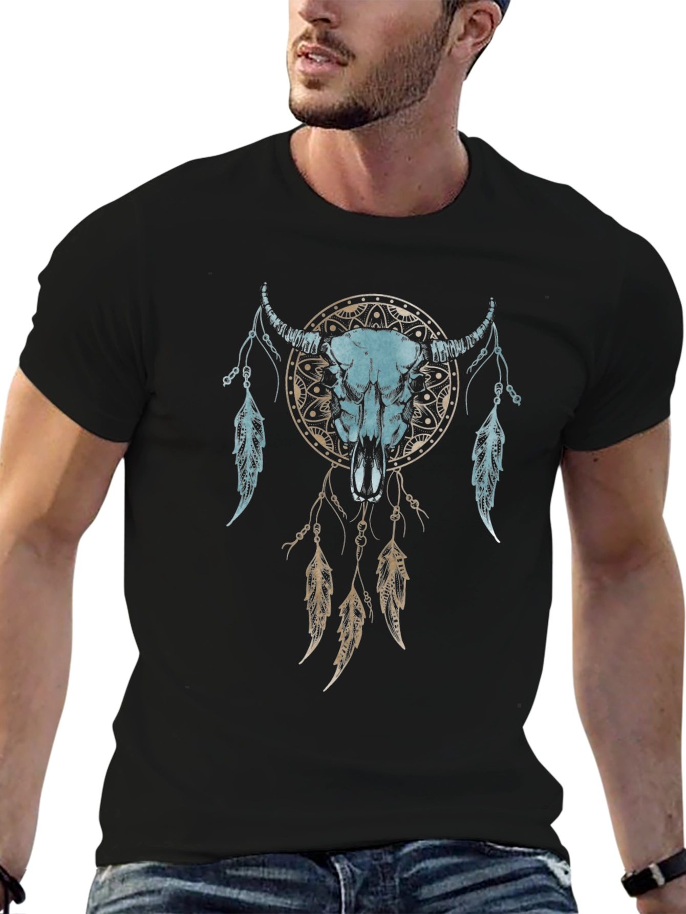 Dreamcatcher Bull Skull Graphic Tee - Unisex Black T-Shirt