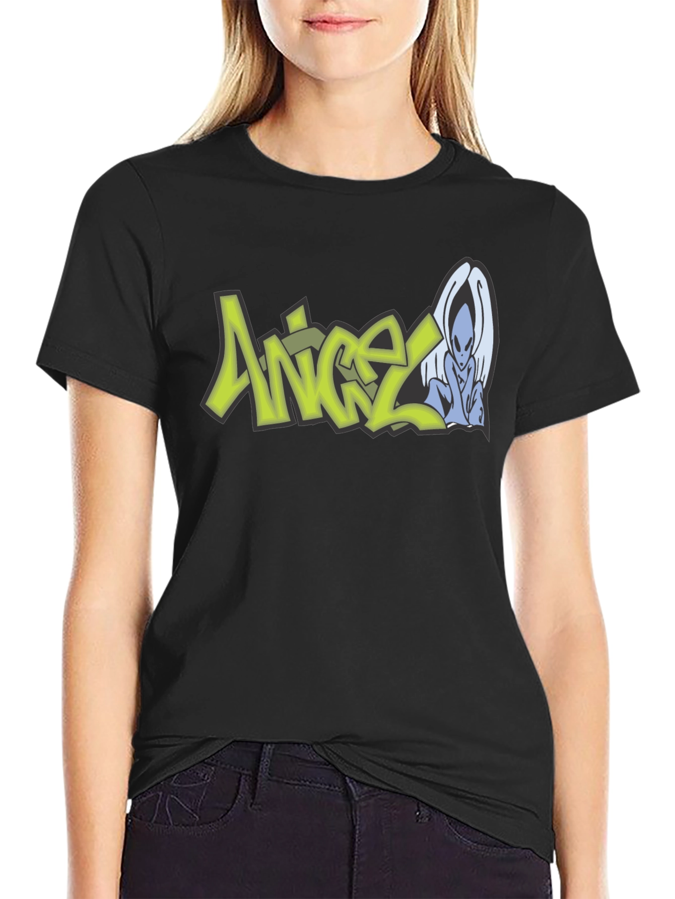 Angel Alien Graphic Print Black T-Shirt