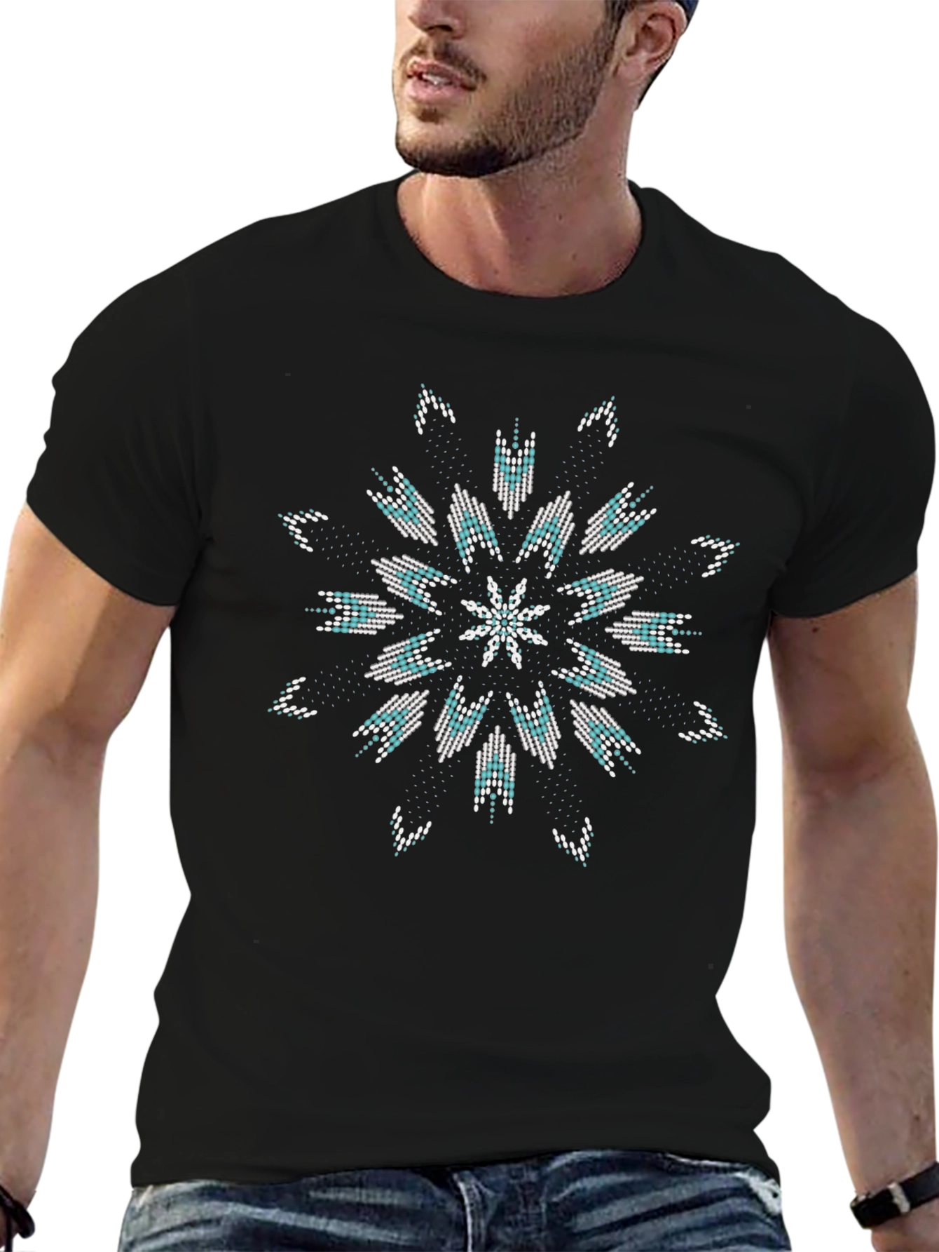 Geometric Beaded Design Black T-Shirt
