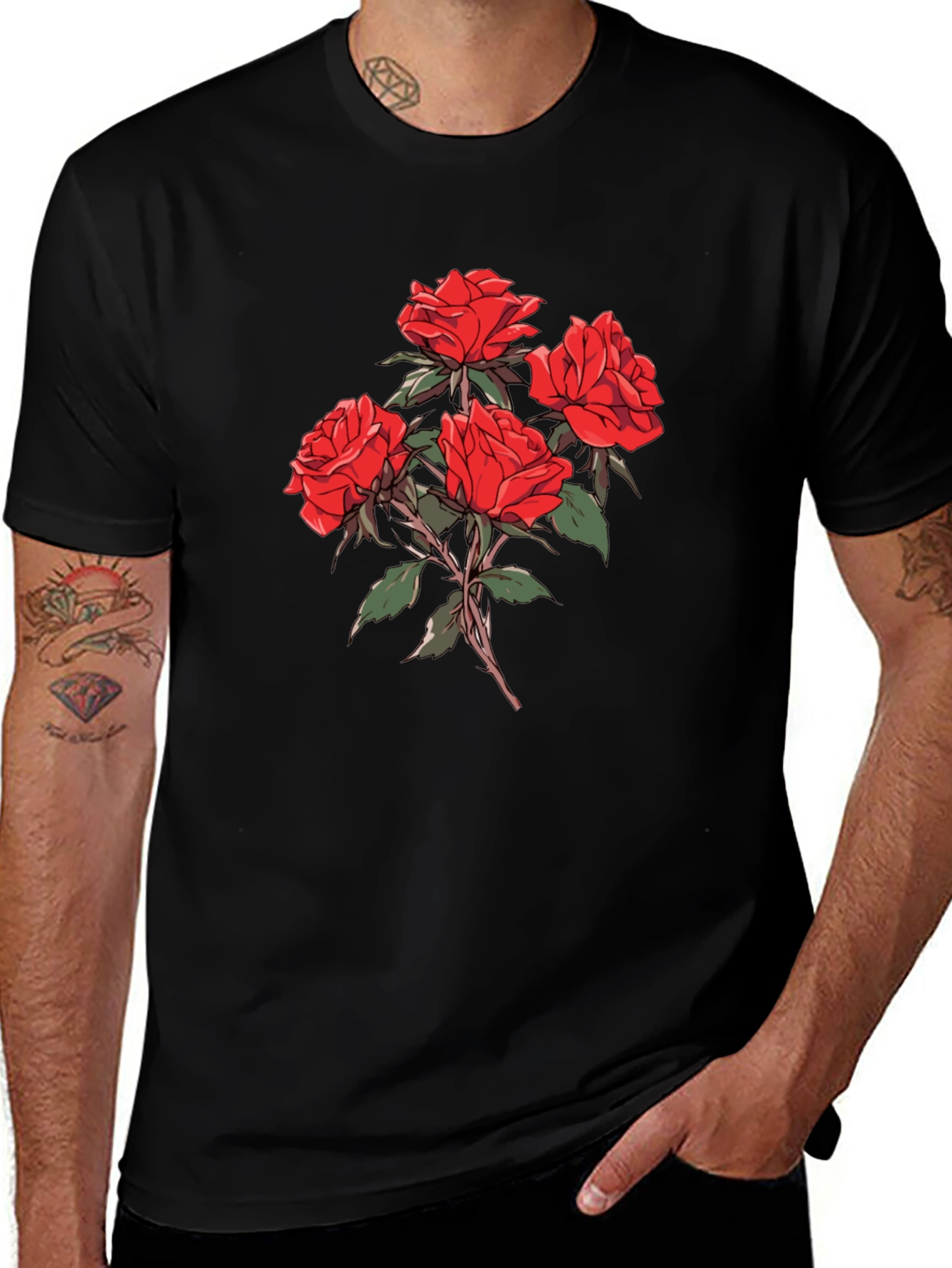 Mens Black Rose Graphic T-Shirt