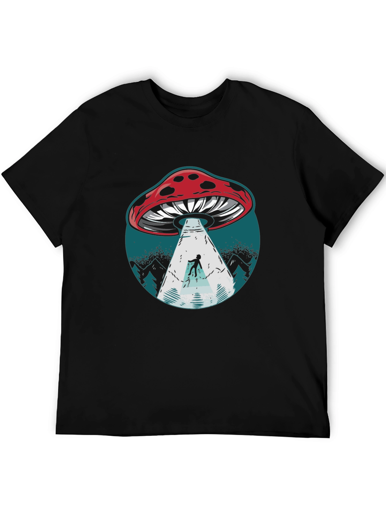 Mushroom UFO Abduction Graphic Tee - Black Cotton Shirt