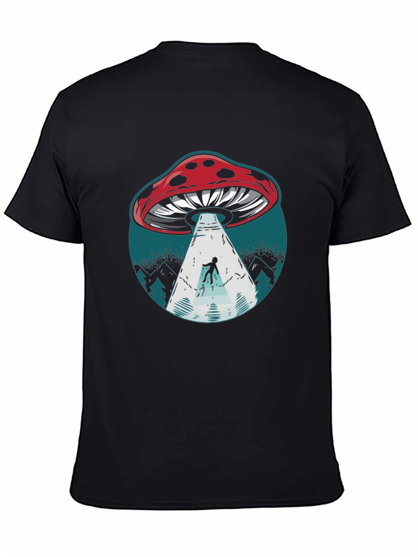 Mushroom UFO Abduction Graphic Tee - Black Cotton Shirt