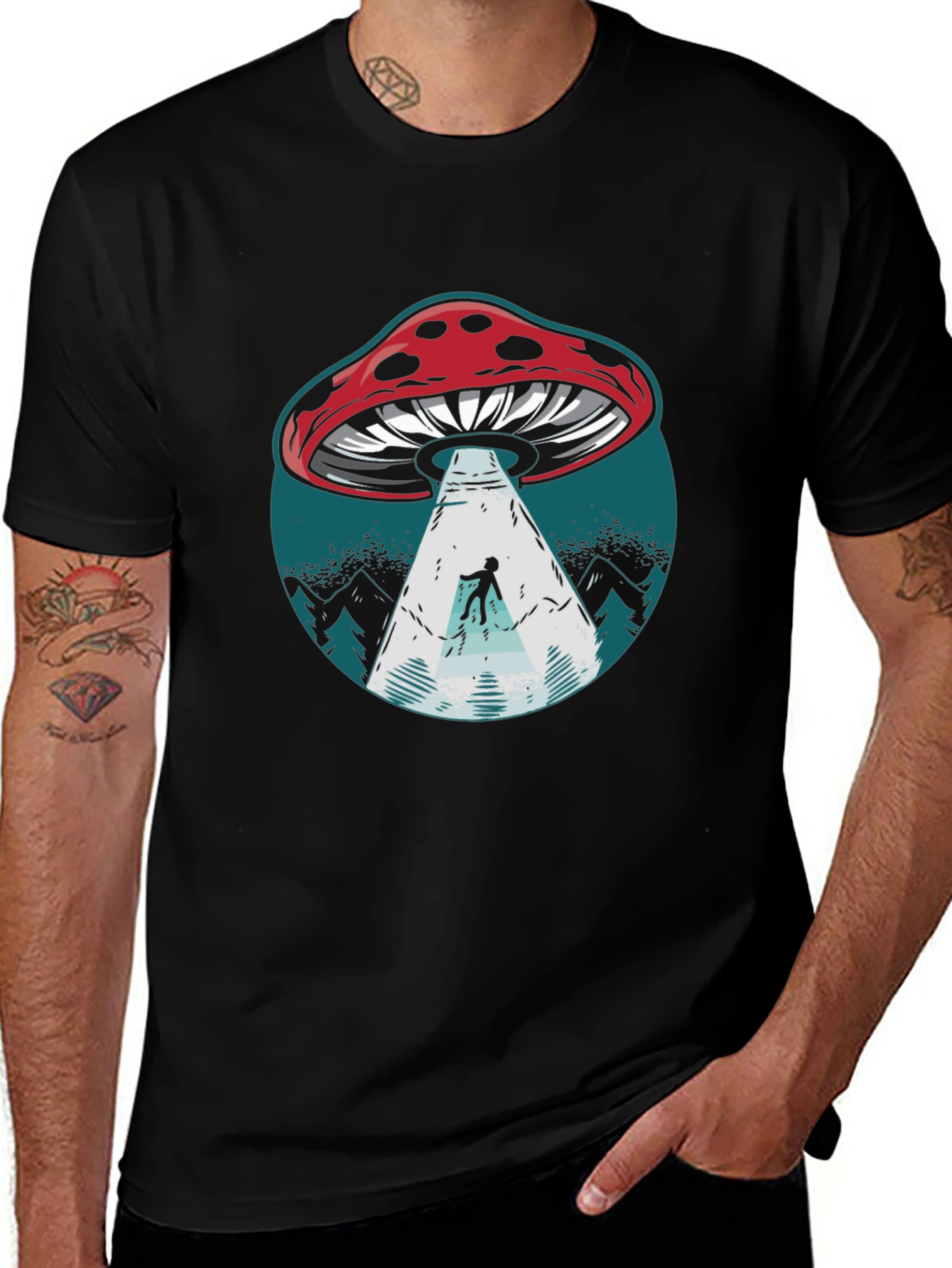 Mushroom UFO Abduction Graphic Tee - Black Cotton Shirt