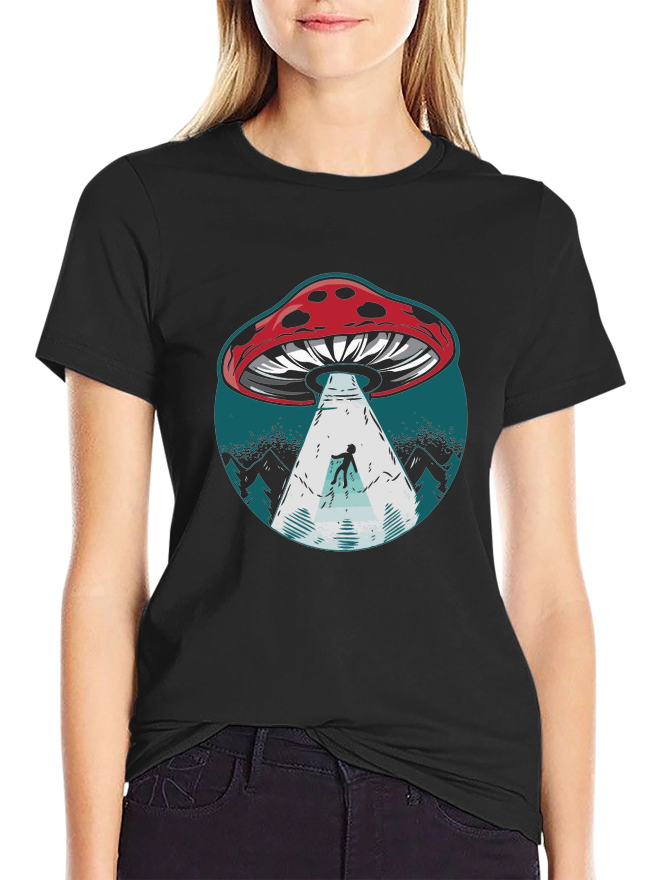 Mushroom UFO Abduction Graphic Tee - Black Cotton Shirt